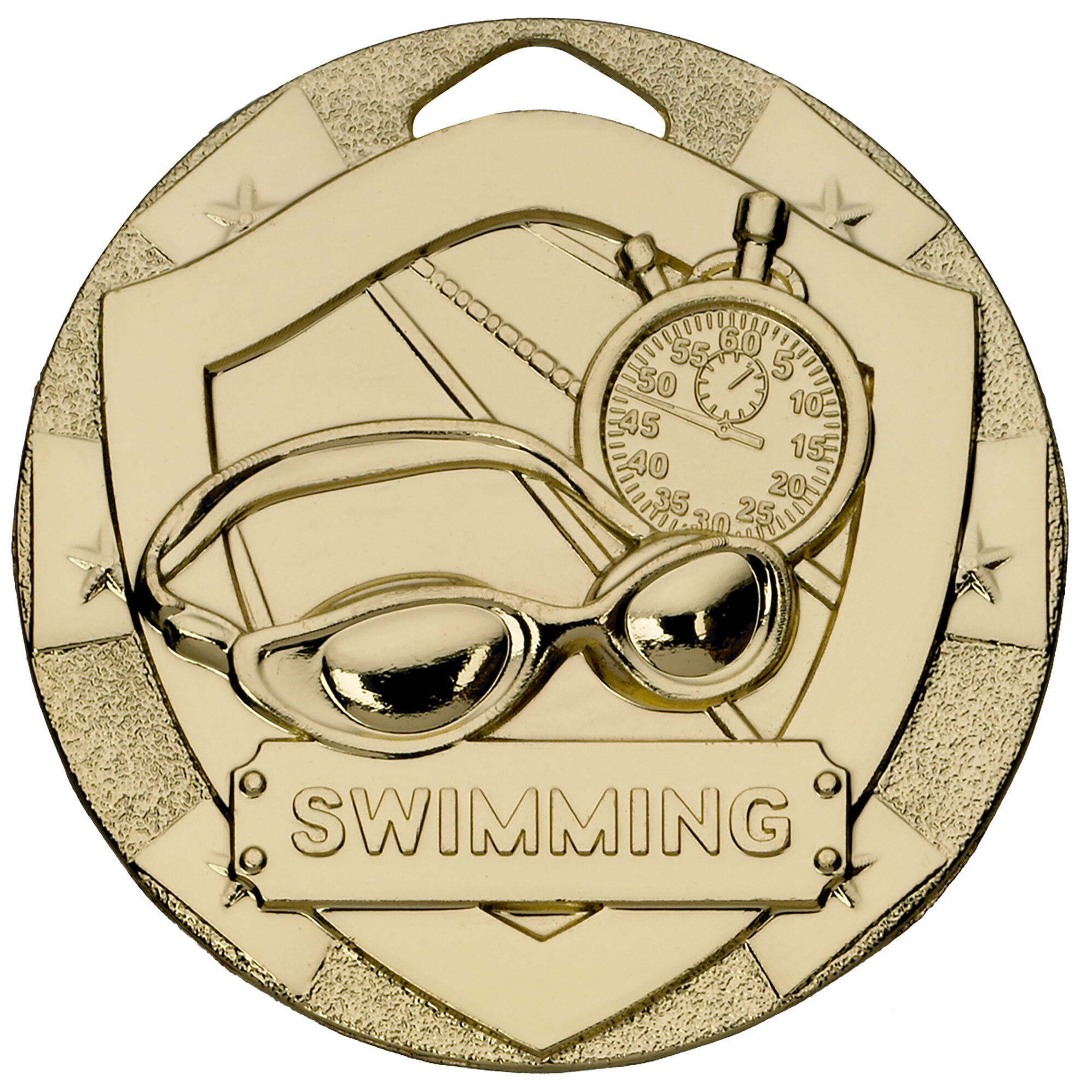 50mm swimming medal in bright gold finish featuring detailed swimming goggles, stopwatch with visible numbers, and swimming text on decorative plaque with star border accents