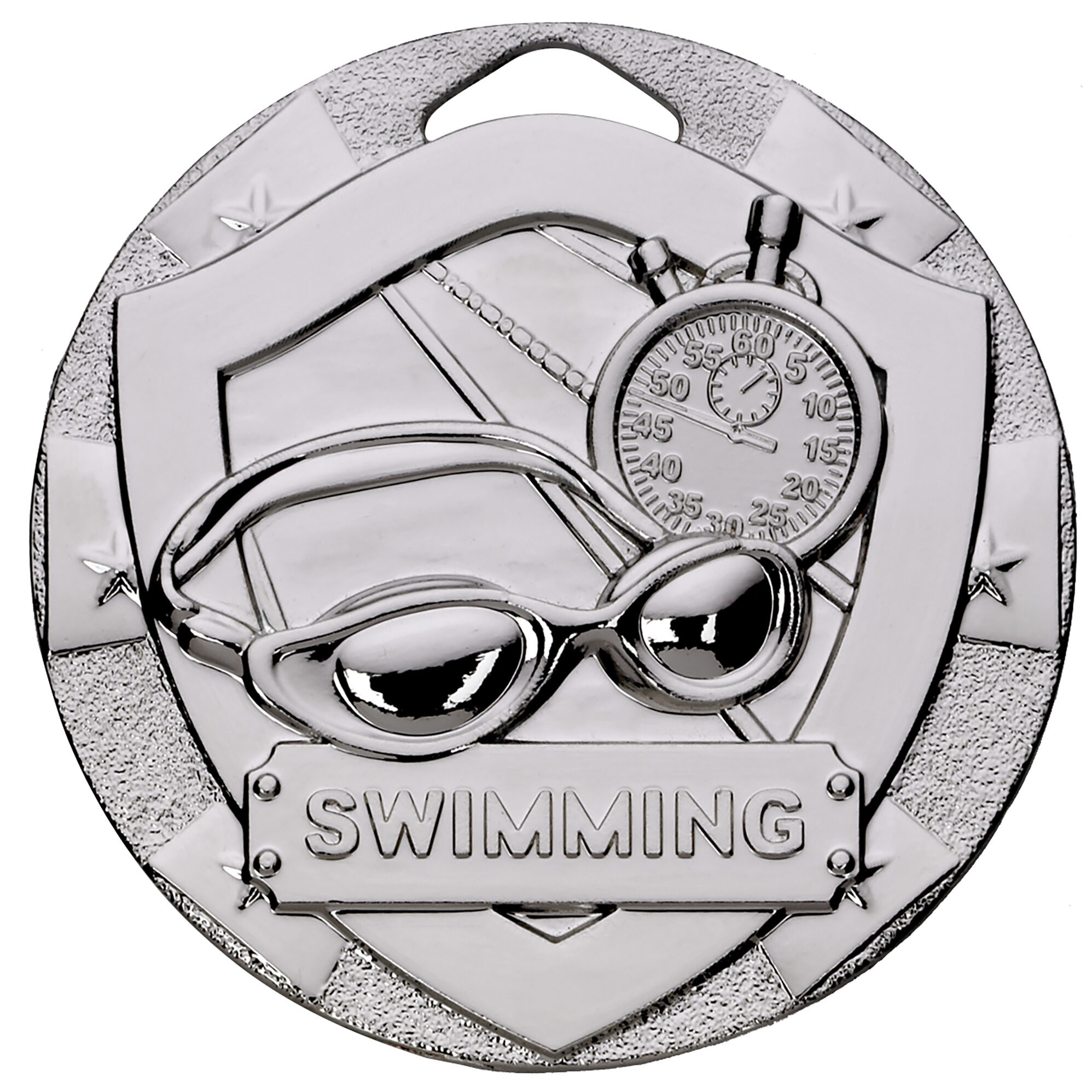 50mm swimming medal in polished silver finish displaying swimming goggles, detailed stopwatch with clear numbers, and swimming text banner with decorative star border pattern