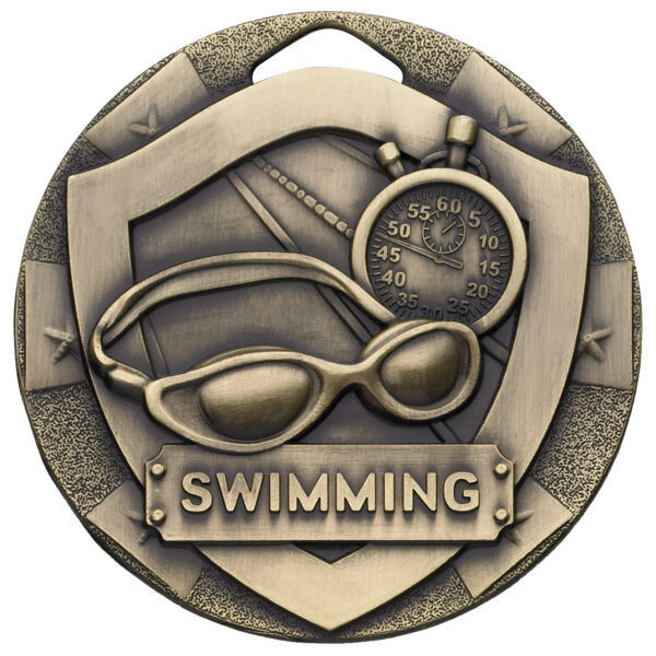 50mm swimming medal in antique bronze finish showing swimming goggles, stopwatch with numbered dial, swimming text plaque and decorative border with star accents in warm bronze tones