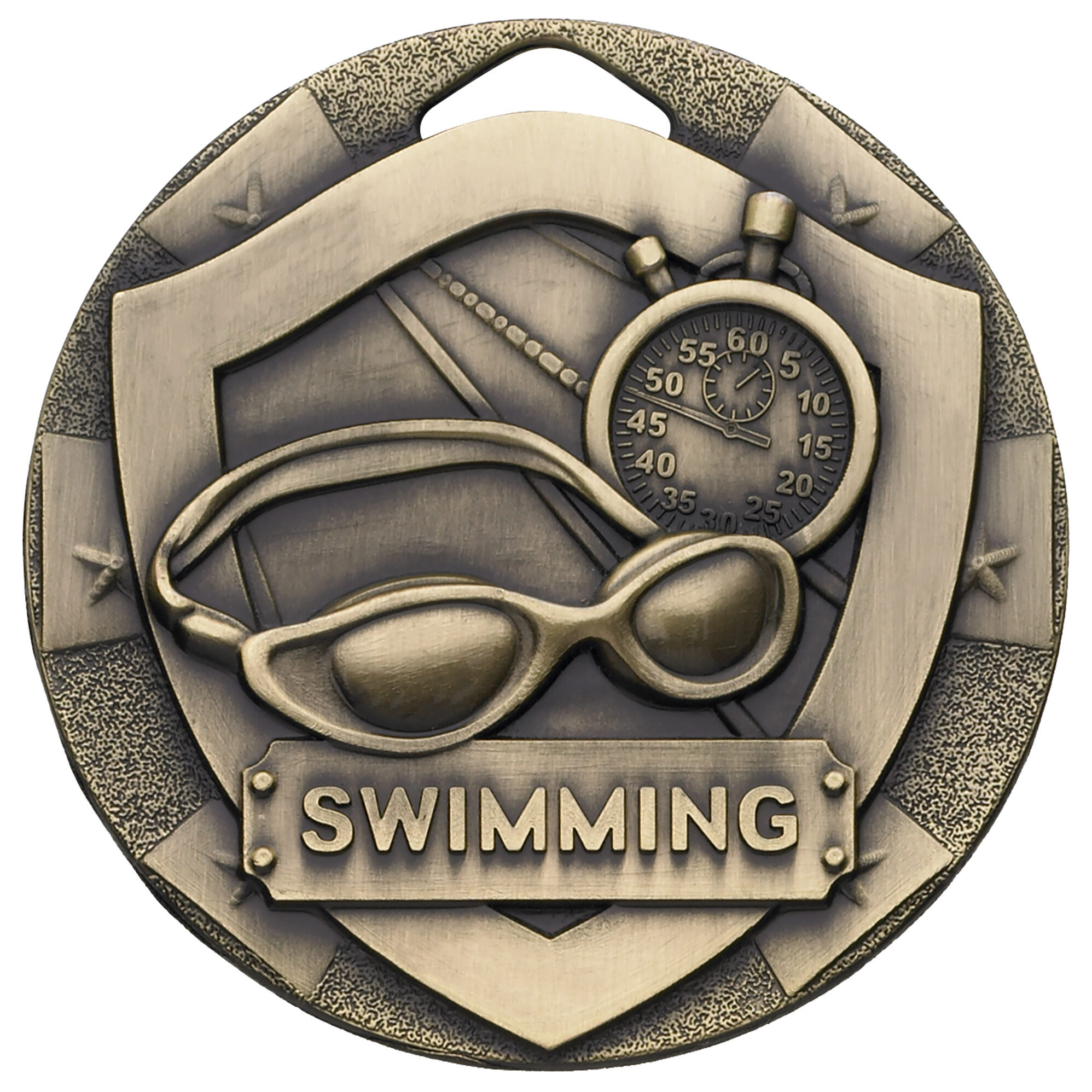 50mm swimming medal in antique bronze finish showing swimming goggles, stopwatch with numbered dial, swimming text plaque and decorative border with star accents in warm bronze tones