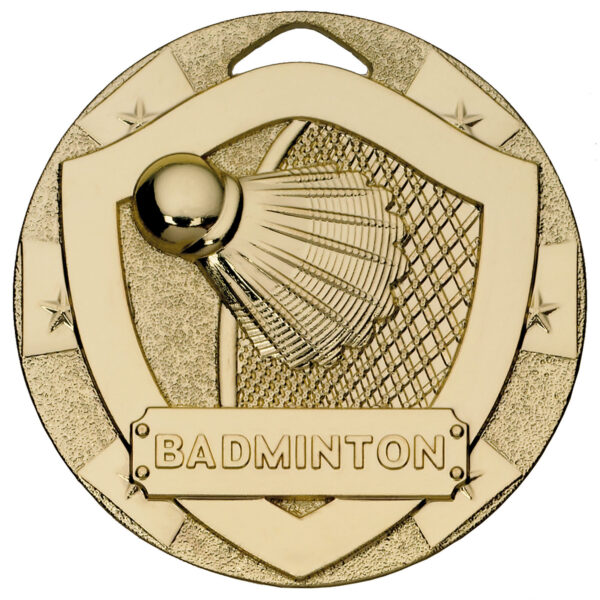 Premium 50mm gold finished badminton medal with detailed relief design showing shuttlecock and badminton racquet within hexagonal shield frame, decorated with star motifs and hanging loop