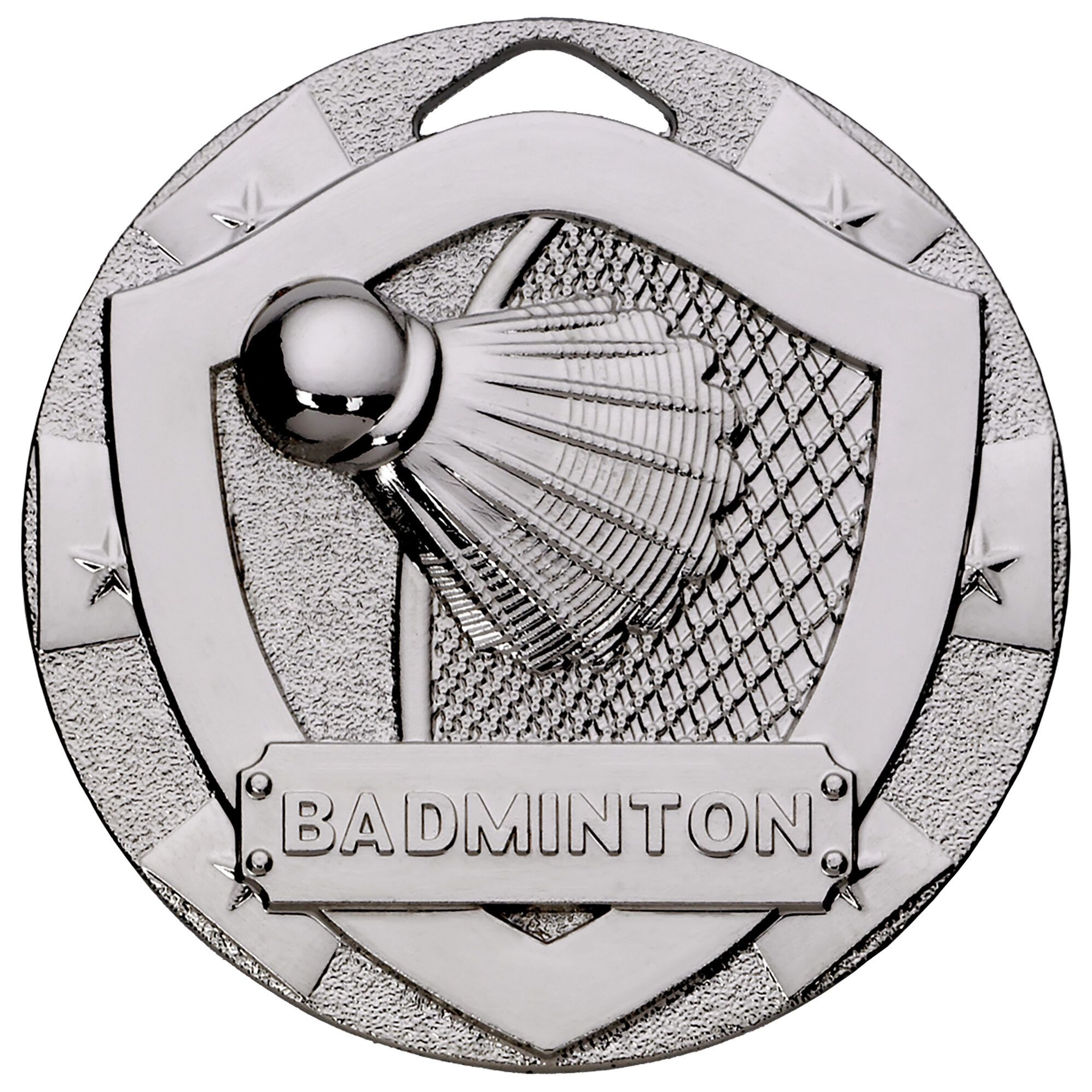 Professional 50mm silver finished badminton medal displaying 3D relief design with shuttlecock and badminton net within shield frame, featuring star decorations and hanging loop