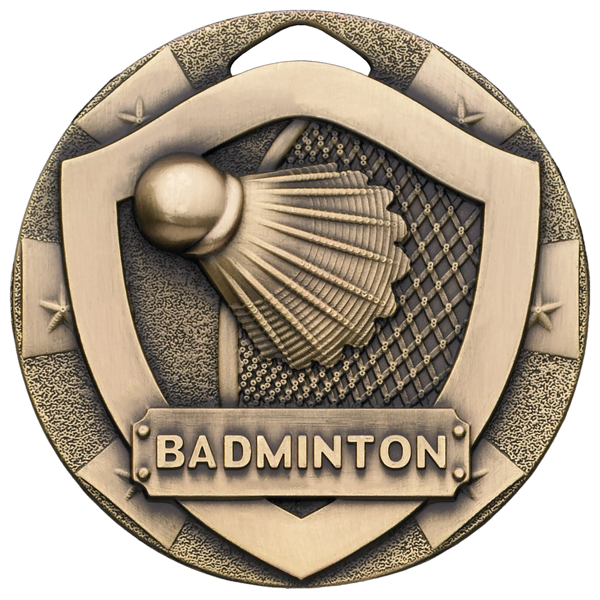 Quality 50mm bronze finished badminton medal with detailed relief design featuring shuttlecock and racquet within hexagonal frame, decorated with star motifs and ready-to-hang loop