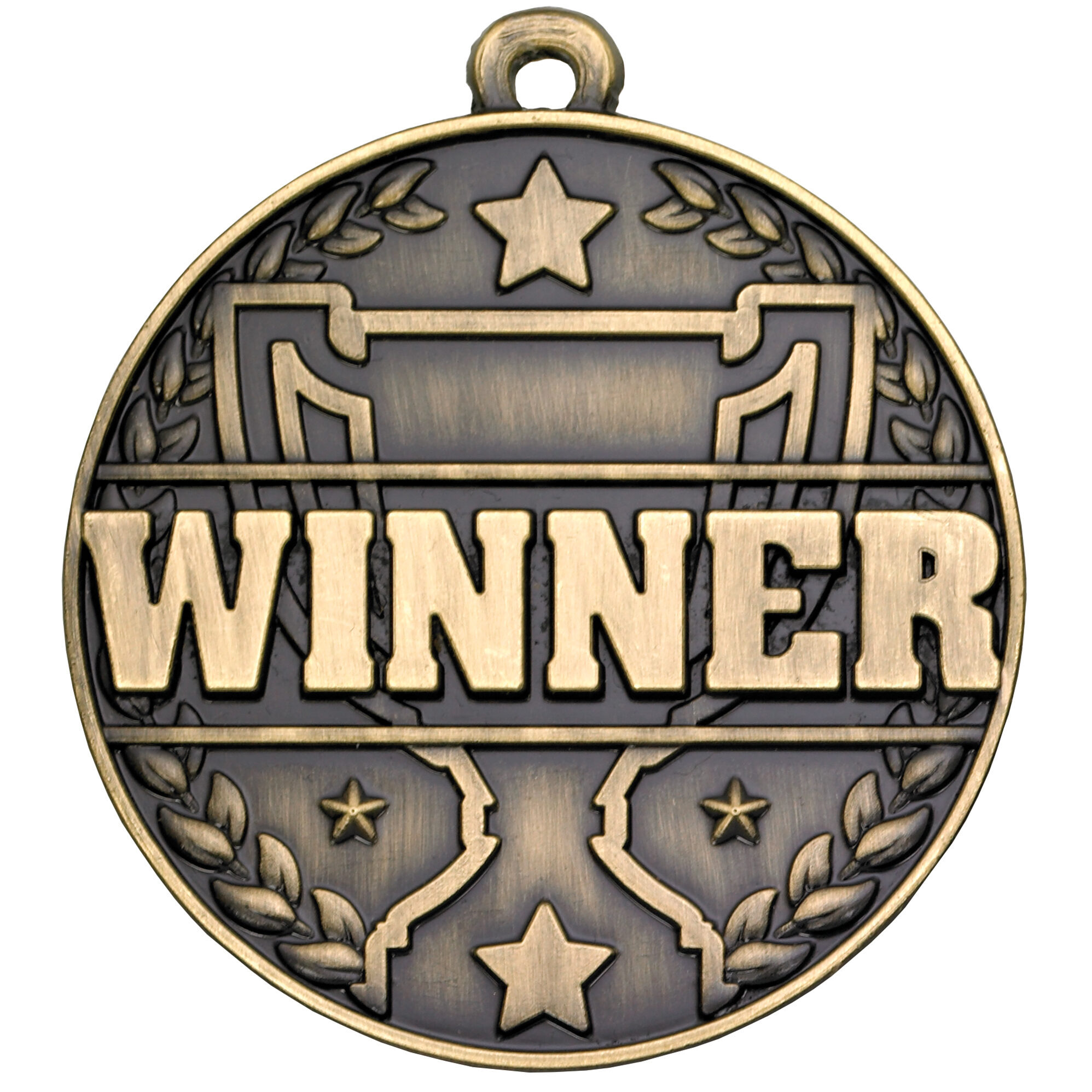 Prestigious 50mm bronze winner medal featuring bold raised WINNER text with decorative laurel wreath border, ribbon banner elements, star motifs and integrated hanging loop