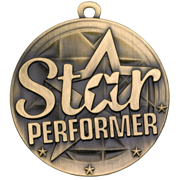 50mm diameter Star Performer medal in antique gold finish showing raised text and central star design with decorative border elements and hanging loop