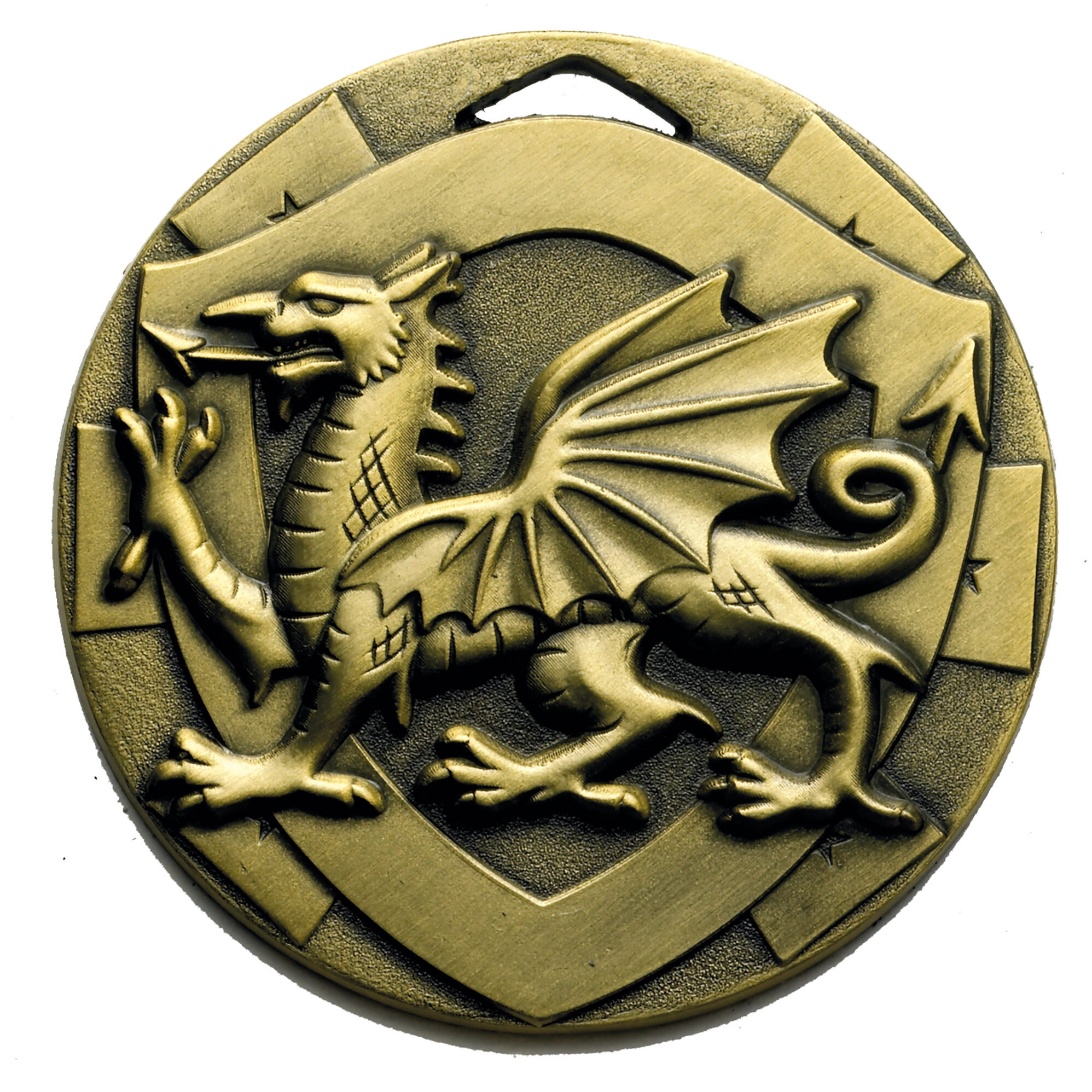 50mm Welsh Dragon medal in antique gold showing detailed heraldic dragon with wings spread, traditional shield background and decorative Celtic-style border elements