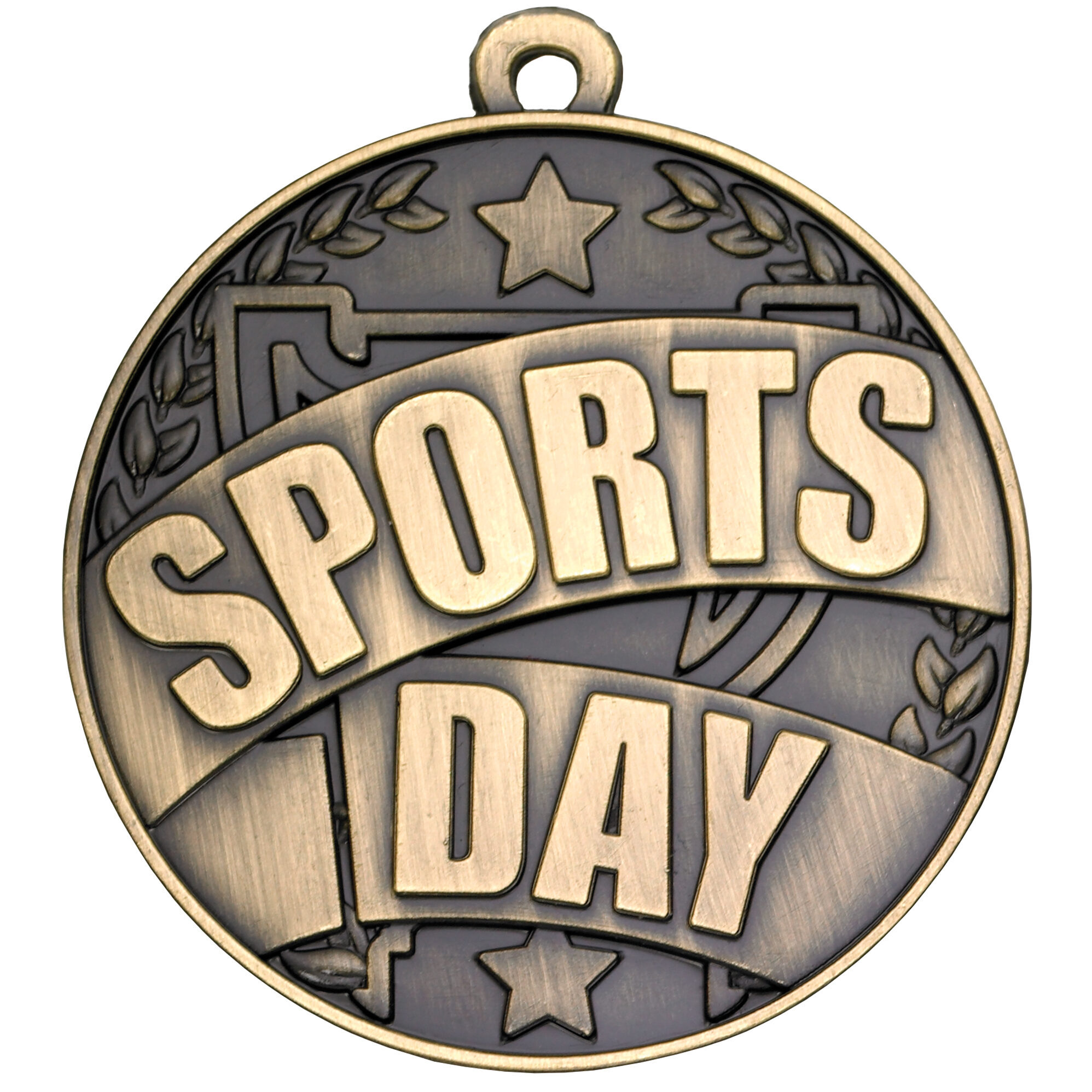 50mm Sports Day medal in antique gold finish displaying raised Sports Day text with decorative laurel wreath border, stars and hanging loop for ribbon attachment