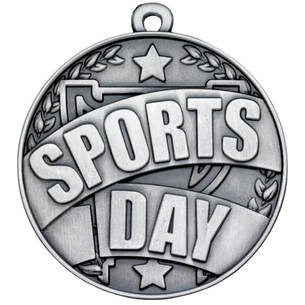 50mm Sports Day medal in antique silver finish showing raised Sports Day lettering with traditional laurel wreath border design, decorative stars and hanging loop