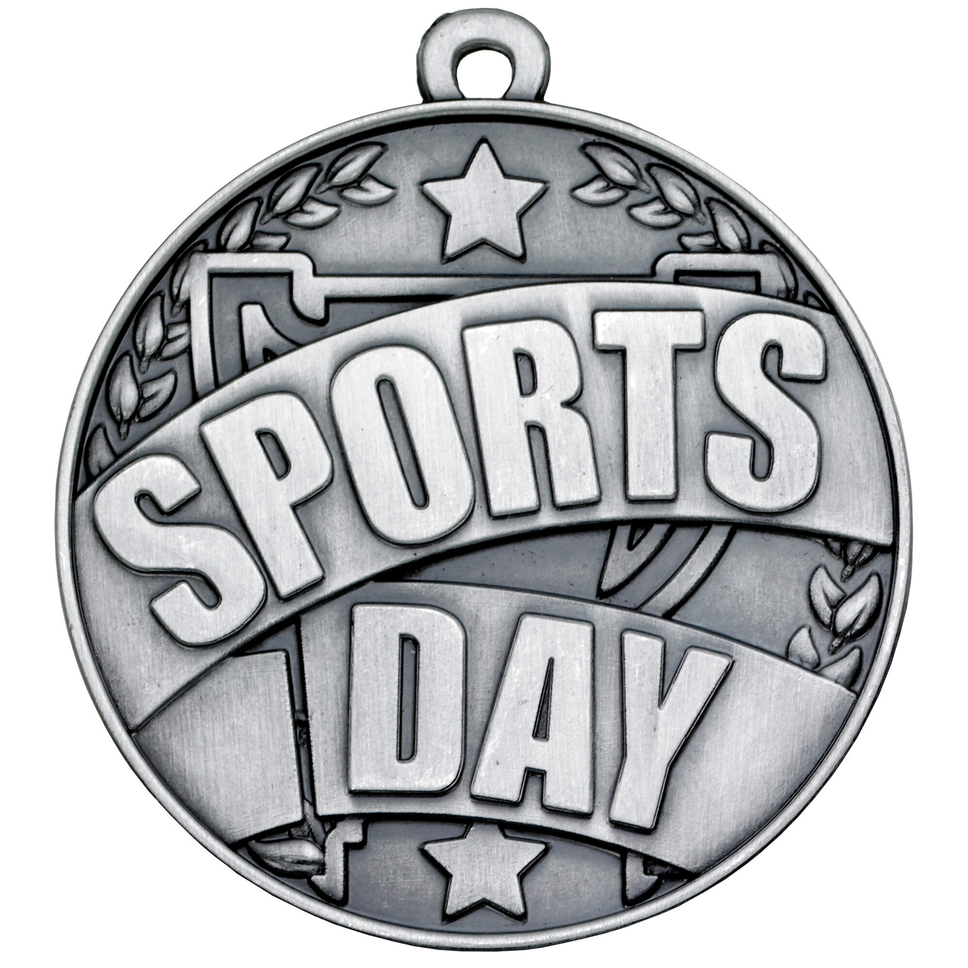 50mm Sports Day medal in antique silver finish showing raised Sports Day lettering with traditional laurel wreath border design, decorative stars and hanging loop