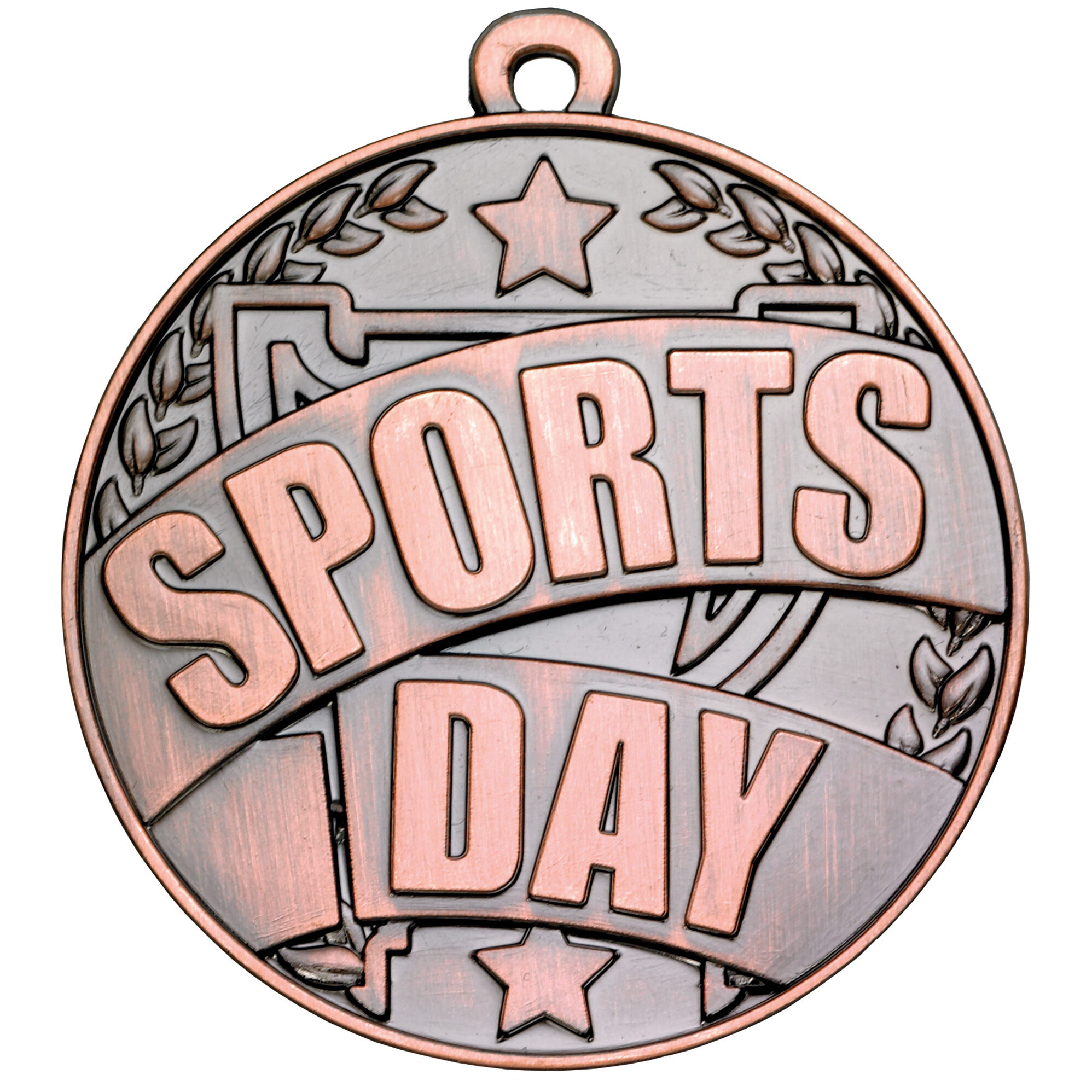 Bronze-finished 50mm sports day medal with raised text, decorative laurel wreath border, star details at top and bottom, and hanging loop for ribbon attachment