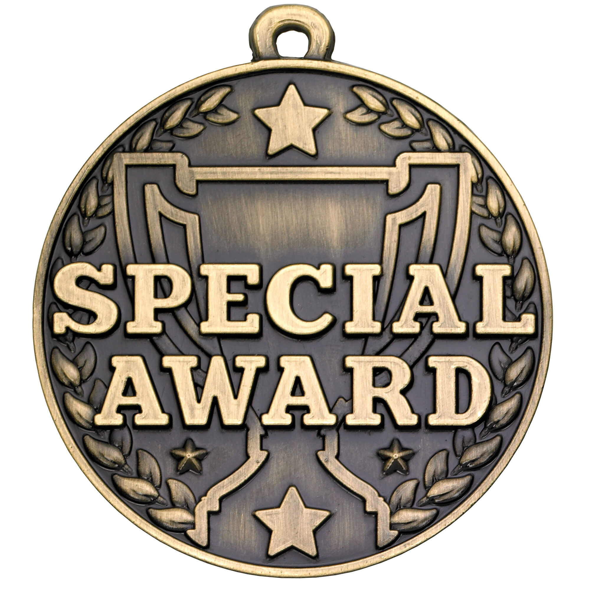 Bronze-finished 50mm special award medal featuring raised text, central shield design, decorative laurel wreath border, star embellishments, and hanging loop