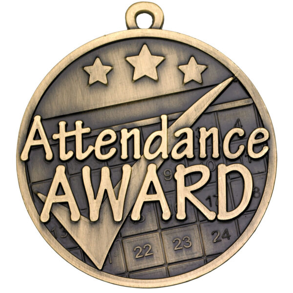 Bronze-finished 50mm attendance award medal with raised text, calendar grid pattern, checkmark symbol, three decorative stars, and hanging loop for ribbon