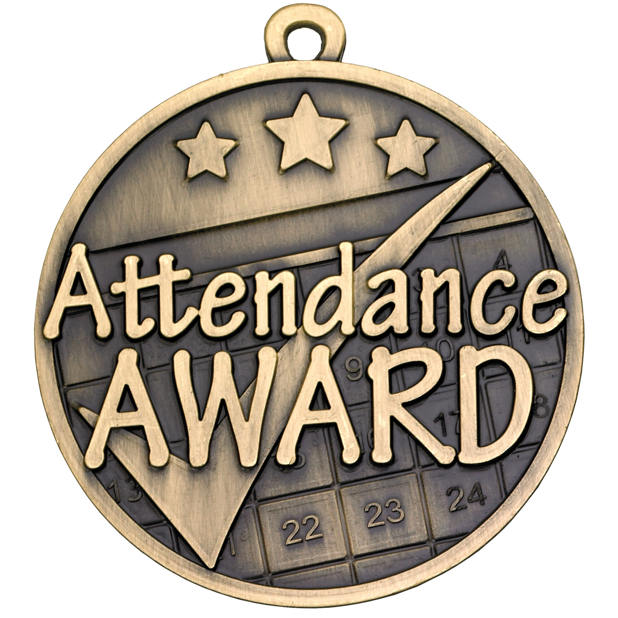 Bronze-finished 50mm attendance award medal with raised text, calendar grid pattern, checkmark symbol, three decorative stars, and hanging loop for ribbon