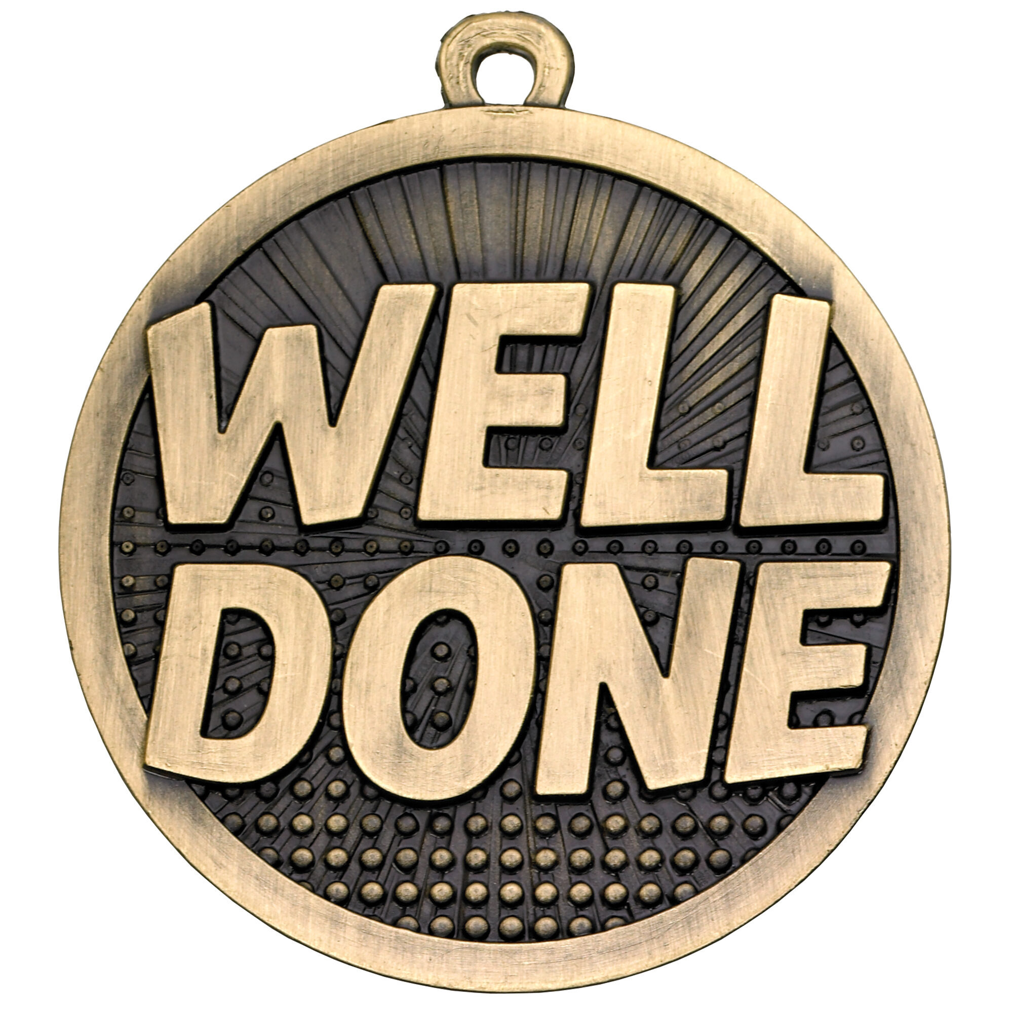 Bronze-finished 50mm well done medal featuring bold raised text, radiating sunburst pattern background, dotted texture details, and hanging loop for ribbon