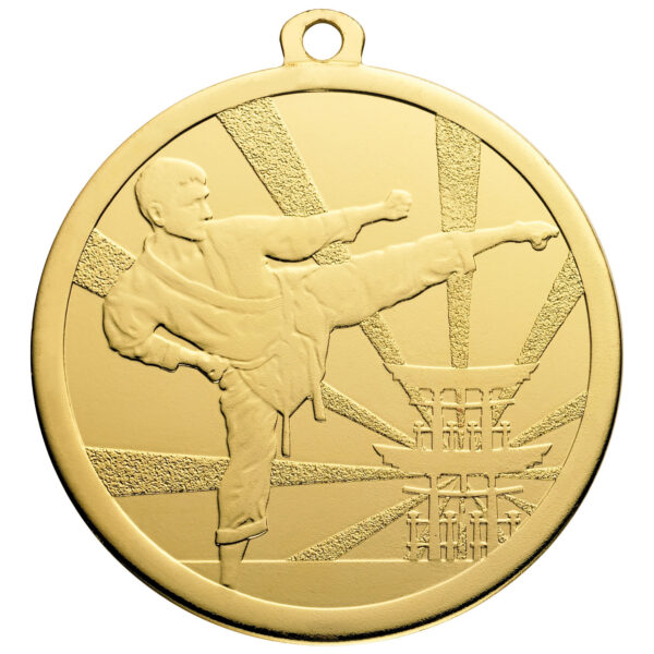 70mm gold-finished martial arts medal featuring embossed karate figure performing high kick with Chinese characters and sunburst design background