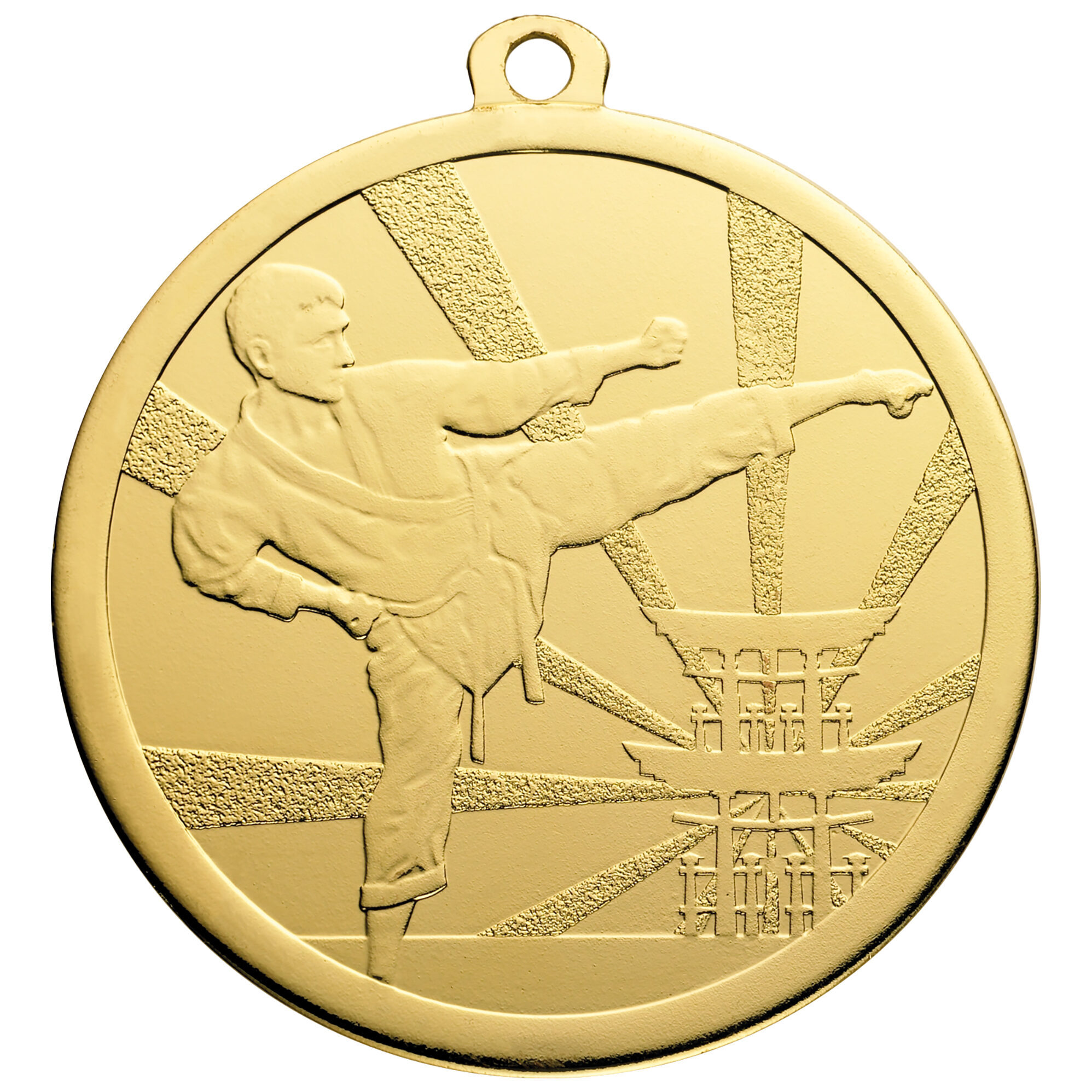 70mm gold-finished martial arts medal featuring embossed karate figure performing high kick with Chinese characters and sunburst design background