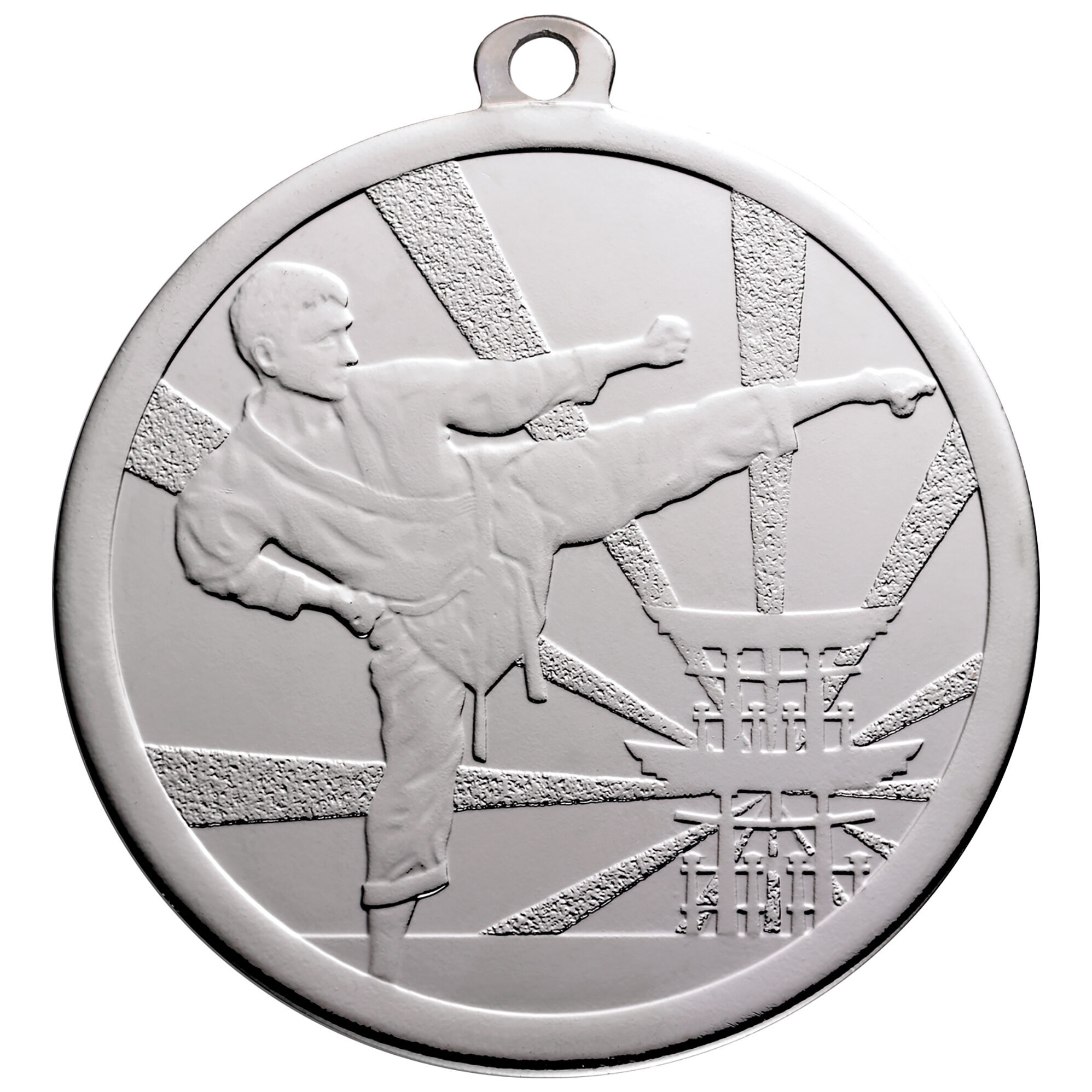 70mm silver-finished martial arts medal with embossed karate practitioner performing high kick, featuring Chinese characters and radiating sunburst pattern