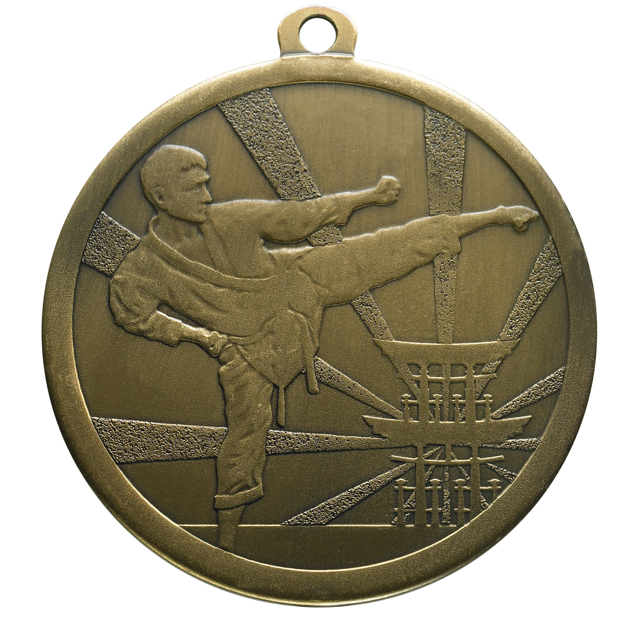 70mm bronze-finished martial arts medal displaying embossed karate figure executing high kick with Chinese characters and decorative sunburst background