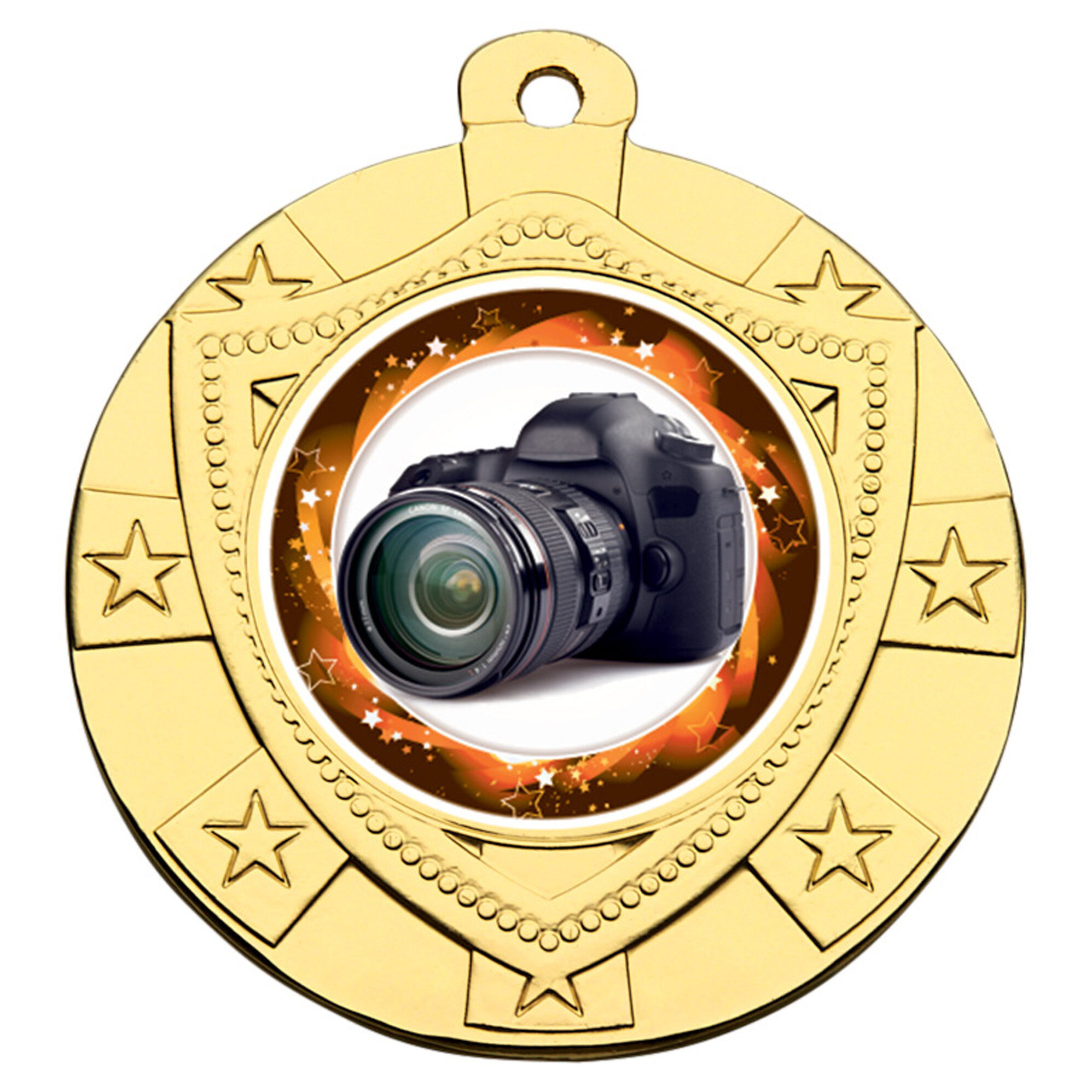 40mm shield medal with a gold finish, shown with an example camera centre design