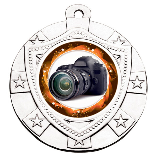 40mm shield medal with a silver finish, shown with an example camera centre design