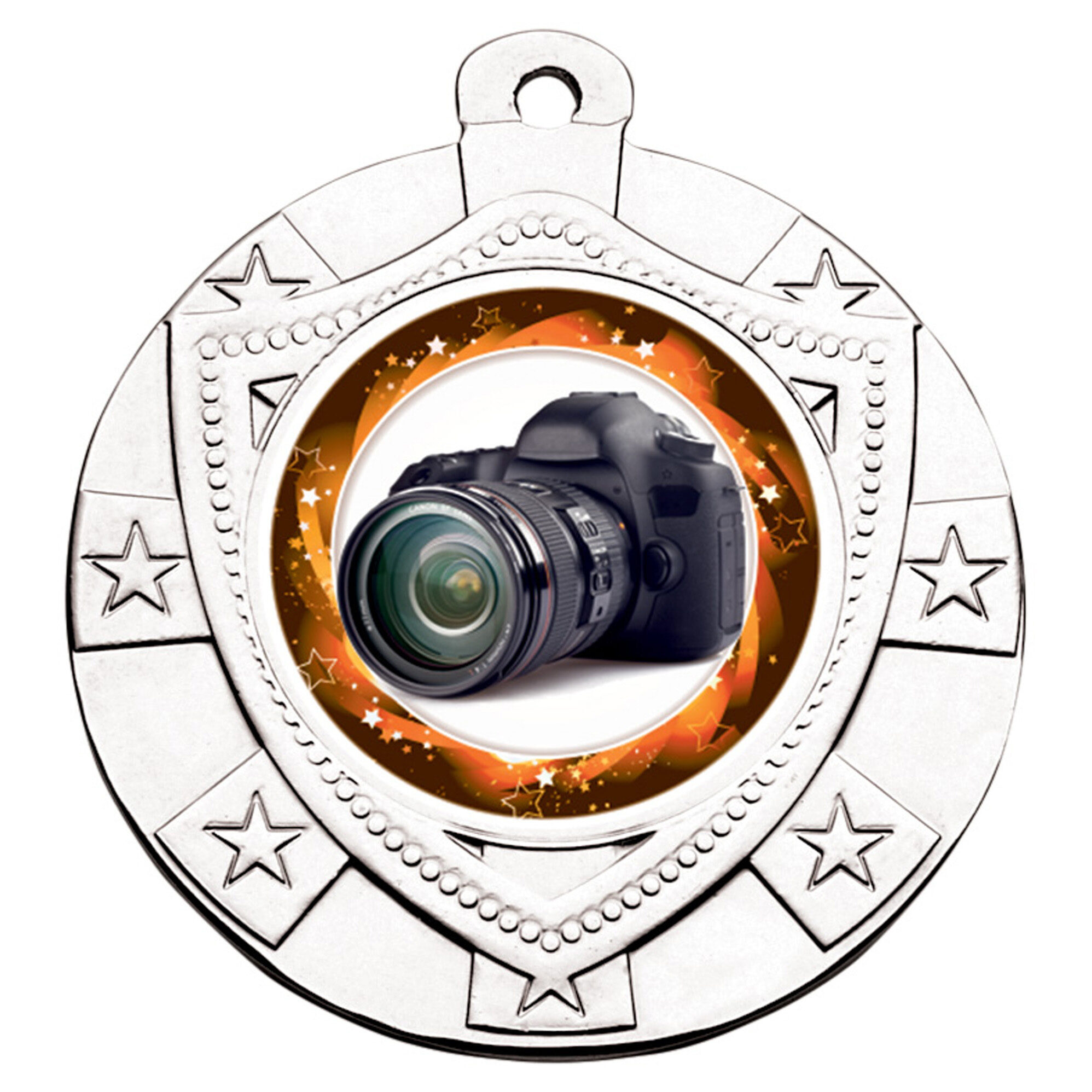 40mm shield medal with a silver finish, shown with an example camera centre design
