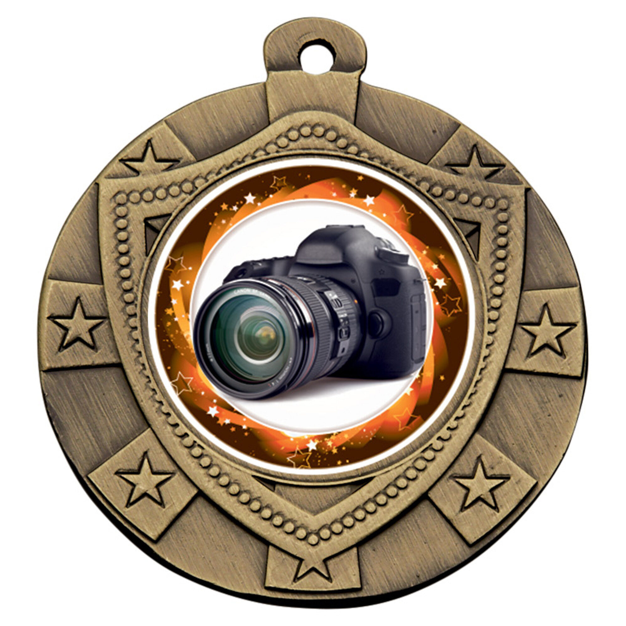 40mm shield medal with an antique bronze finish, shown with an example camera centre design