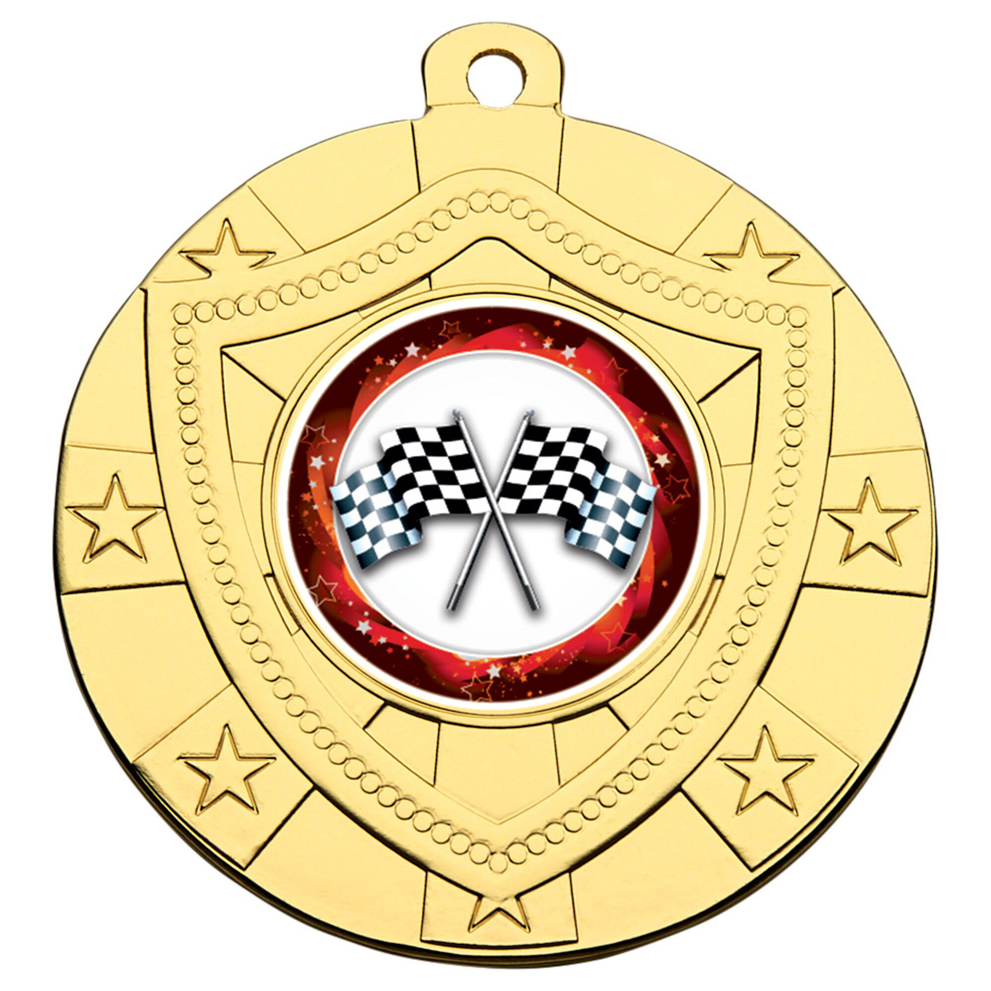 Gold 50mm shield medal featuring crossed black and white chequered racing flags in centre with red celestial star background, surrounded by embossed star patterns and dotted border details with hanging loop