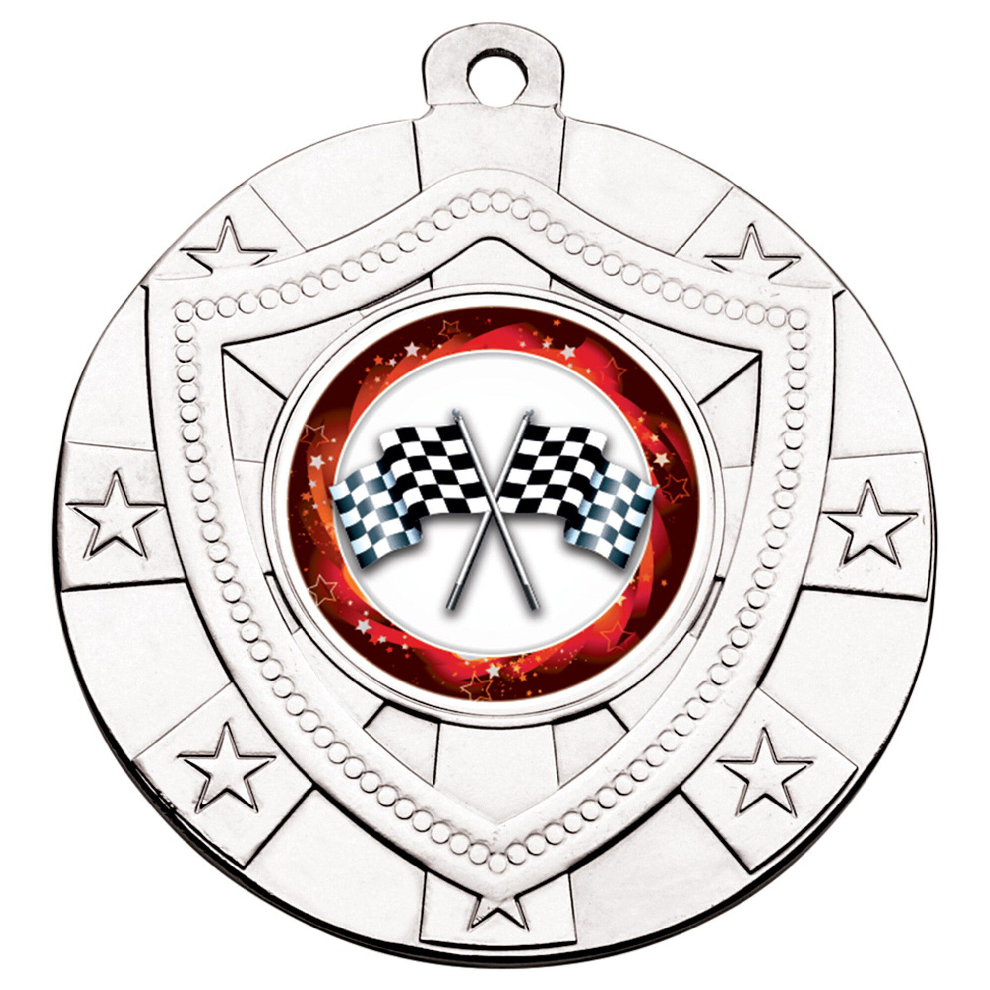Silver 50mm shield medal displaying crossed black and white chequered racing flags in centre with red celestial background, featuring embossed star patterns and dotted border details with metal hanging loop at top