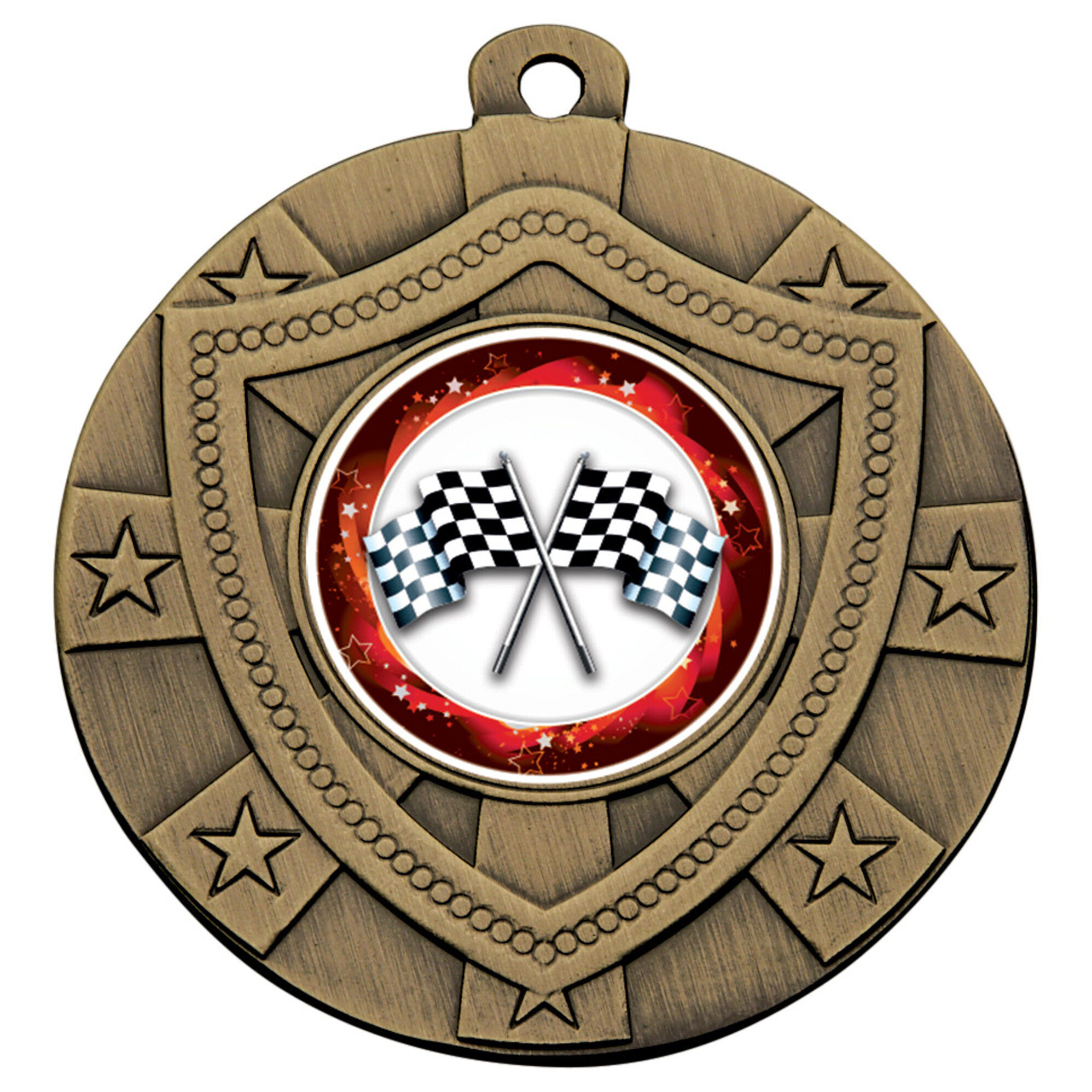 50mm bronze shield medal with decorative star border, shield-shaped frame design, and colourful racing chequered flag centre insert on white background