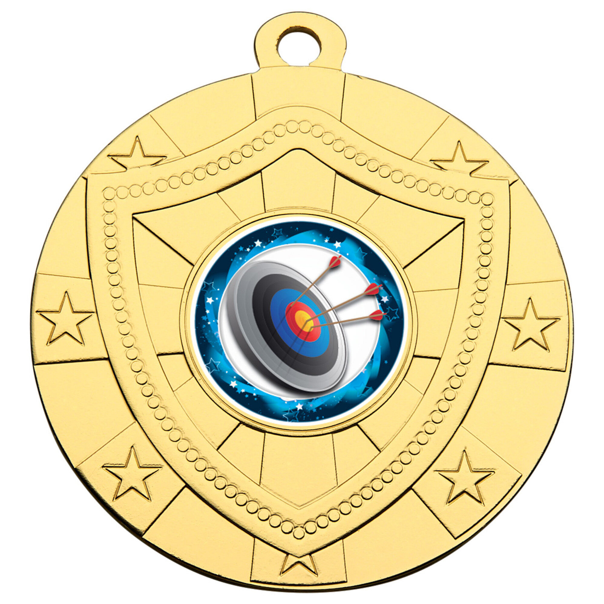 60mm gold shield medal with star border pattern, decorative shield frame, and archery target with arrows centre insert on white background