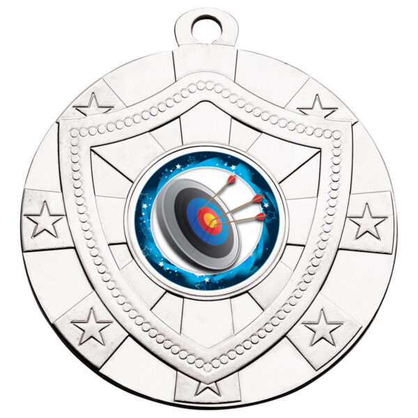 60mm silver shield medal with decorative star border, shield-shaped frame design, and archery target with arrows centre insert on white background