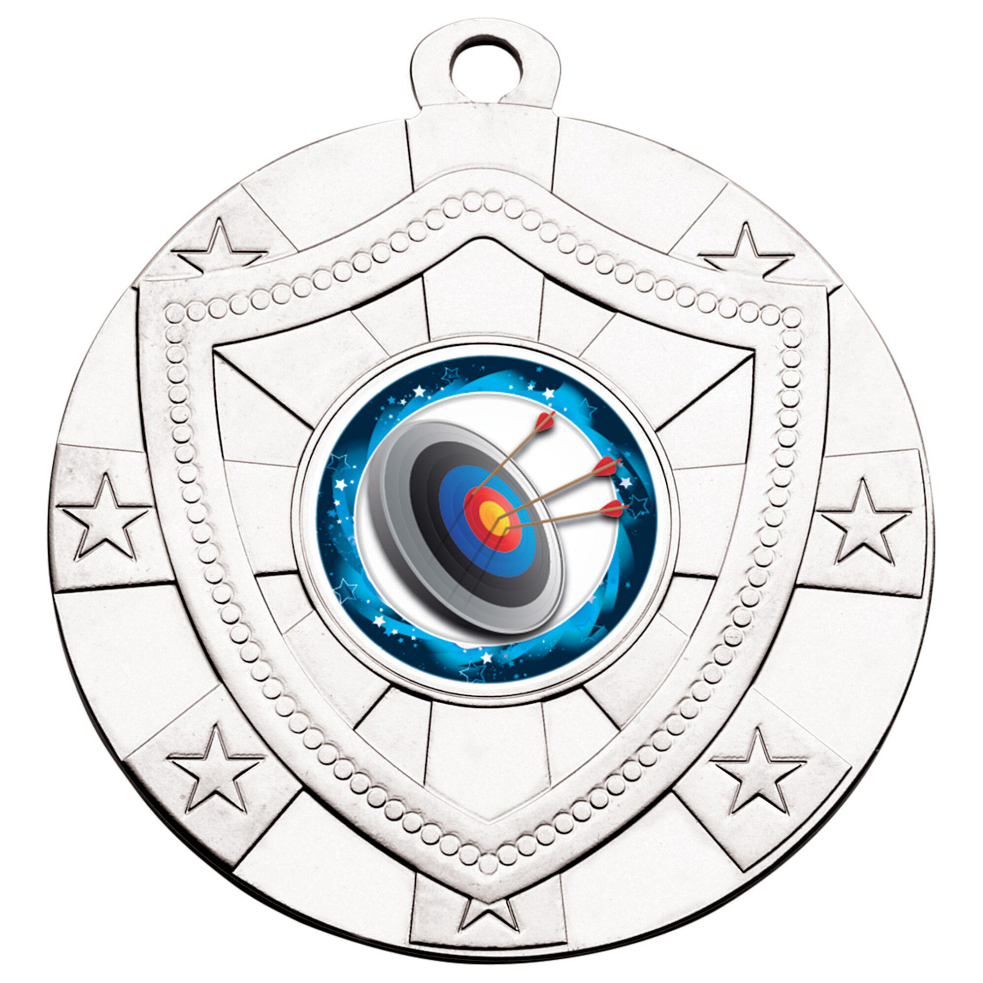60mm silver shield medal with decorative star border, shield-shaped frame design, and archery target with arrows centre insert on white background