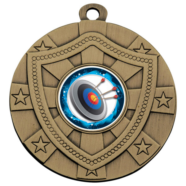 60mm antique bronze shield medal with weathered finish, decorative star border pattern, shield frame, and archery target centre insert on white background