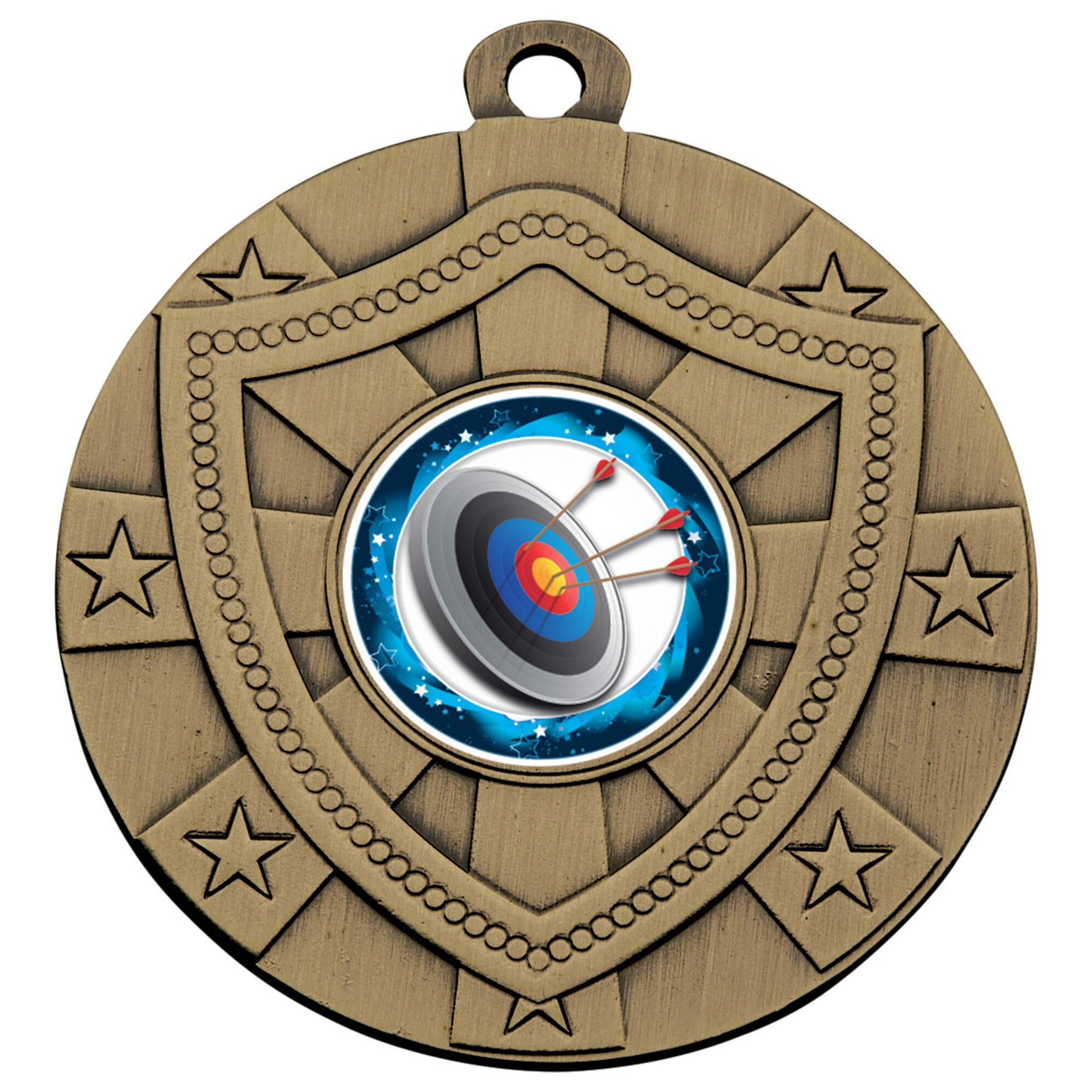 60mm antique bronze shield medal with weathered finish, decorative star border pattern, shield frame, and archery target centre insert on white background