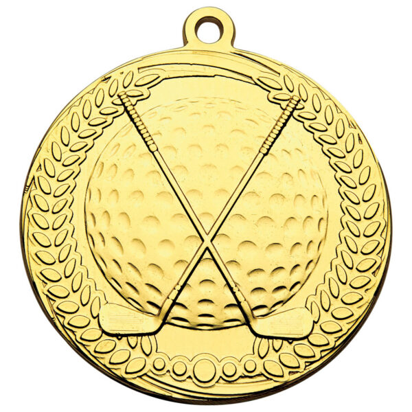 70mm gold golf medal with raised relief design featuring golf ball with dimpled texture and two crossed golf clubs, surrounded by decorative laurel wreath border and integrated hanging loop