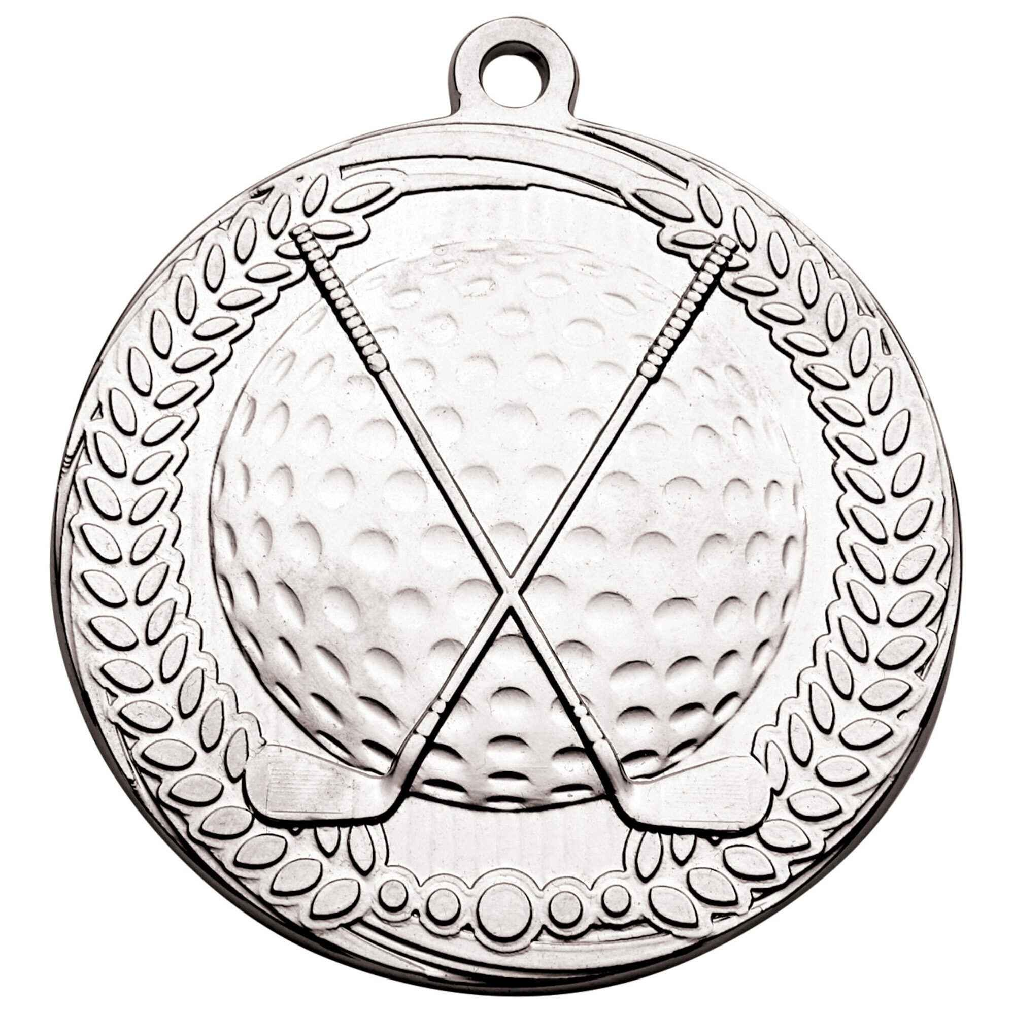 70mm silver golf medal with raised relief design showing textured golf ball and two crossed golf clubs, framed by decorative laurel wreath border with integrated hanging loop