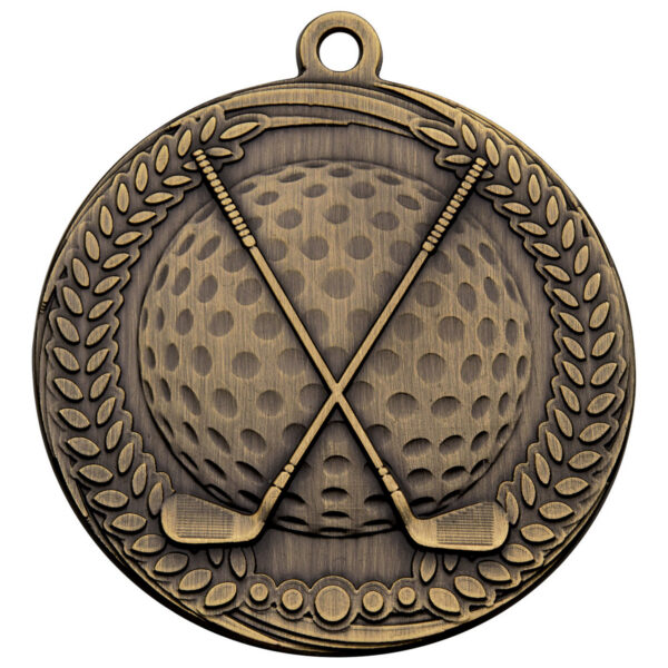 70mm bronze golf medal with raised relief design featuring dimpled golf ball and two crossed golf clubs, surrounded by traditional laurel wreath border with antique bronze finish and hanging loop