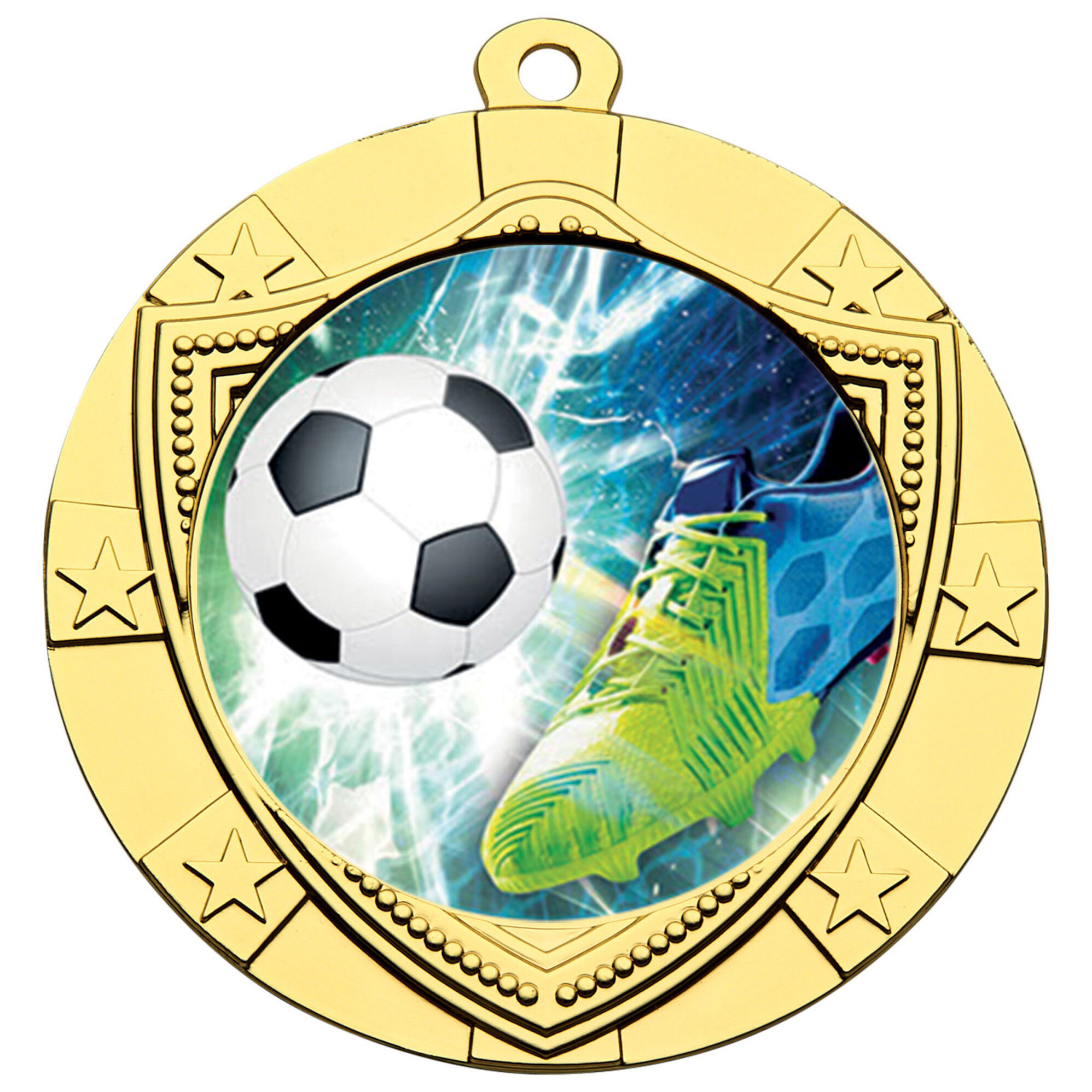 70mm gold shield-style medal with vibrant domed insert showing football action scene featuring white and black football, goalkeeper in green gloves reaching for goal net, surrounded by decorative star border