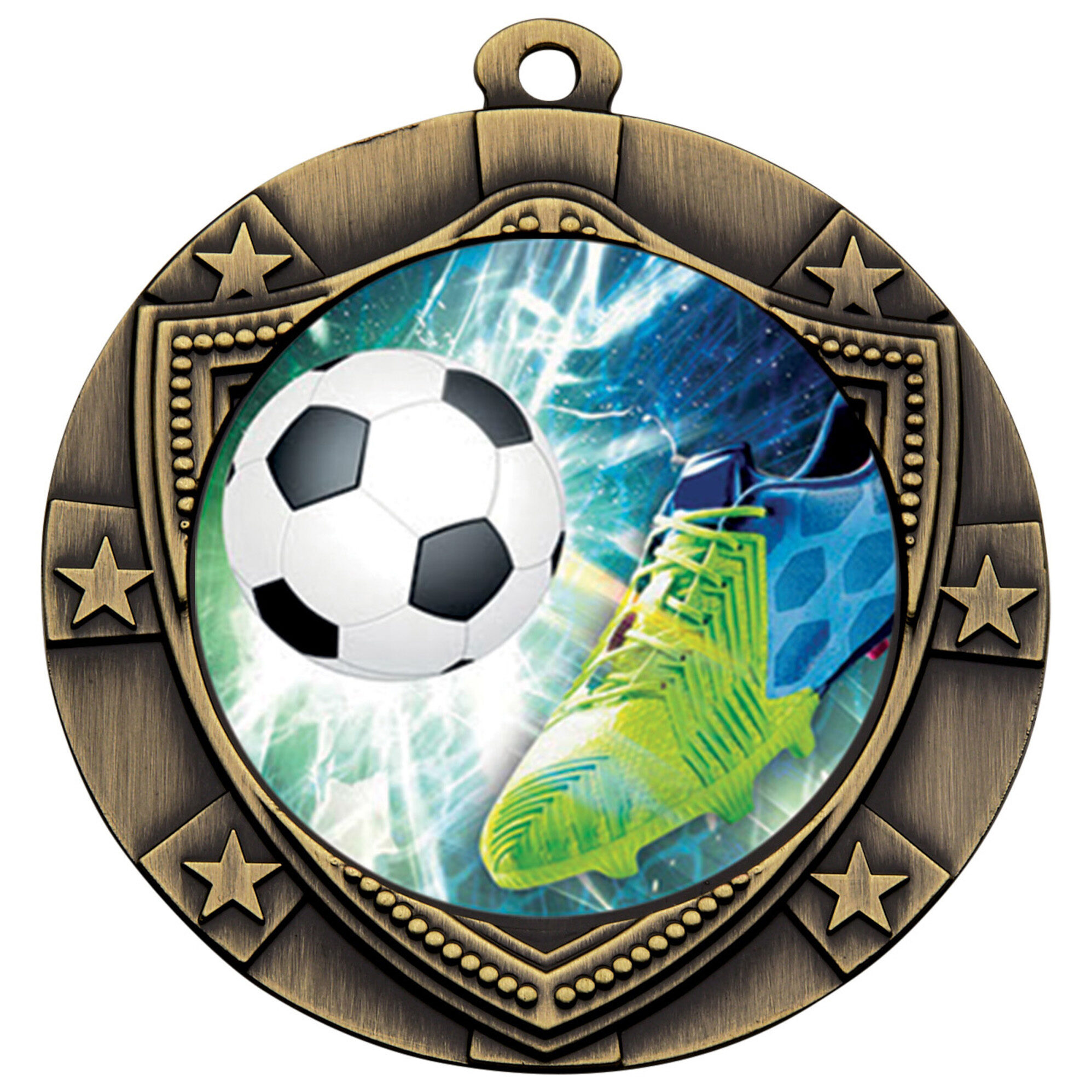 70mm bronze-finished shield medal with star border detailing and central football scene showing goalkeeper boot and ball with vibrant blue and green action background