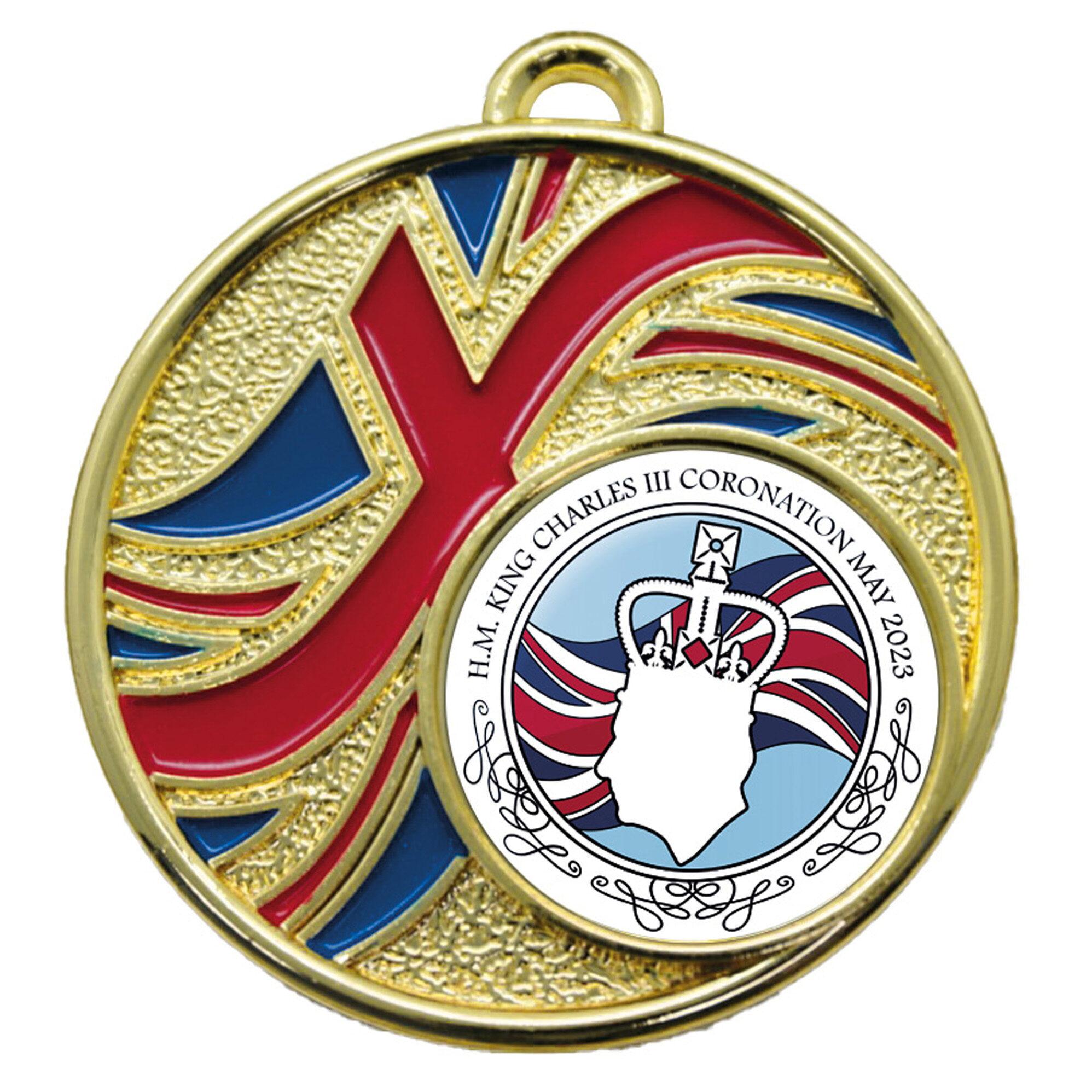 50mm gold-finished medal with Union Jack flag design in red, white and blue, featuring central King Charles III Coronation May 2023 commemorative emblem with royal crown