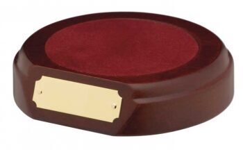 Single glass trophy base with rich mahogany wooden finish, red felt presentation surface, and rectangular brass engraving plate for personalised inscriptions