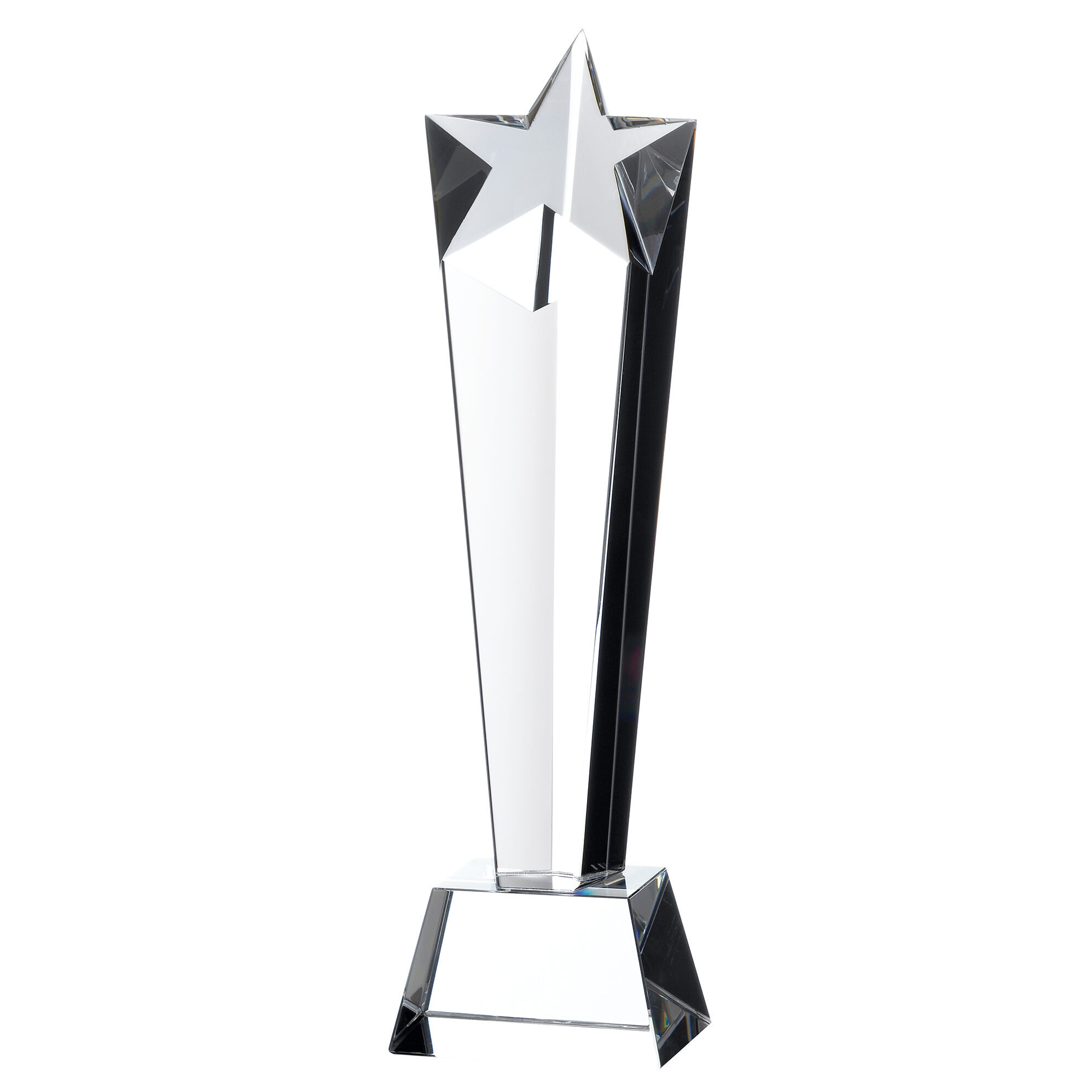 Premium crystal star pillar award featuring clear crystal construction with prominent star design at top and rectangular base for stability