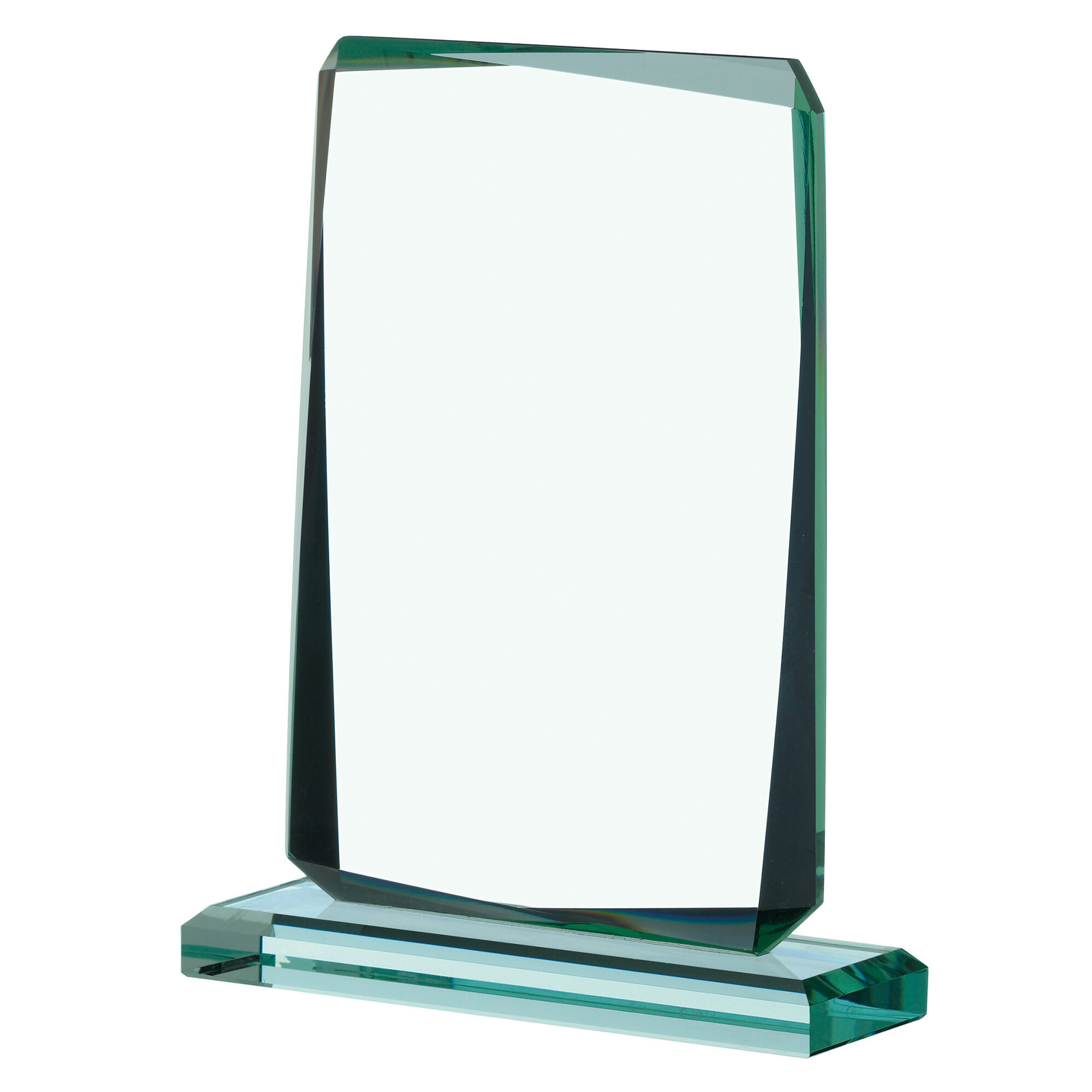 Contemporary rectangular glass block award with jade-tinted crystal, bevelled edges and substantial base for modern recognition ceremonies