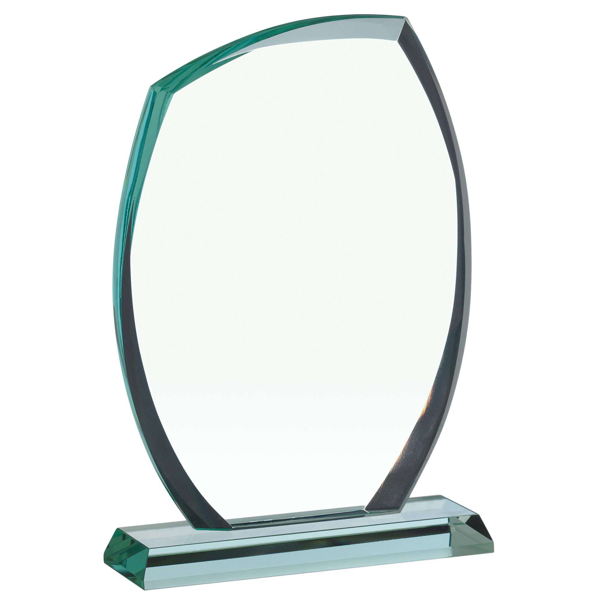 Jade glass curved plaque award with distinctive curved profile and matching jade glass base, featuring clear engraving area on white background