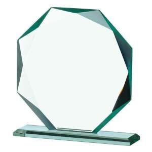 Jade glass octagonal award with eight-sided faceted design and matching rectangular base stand on white background