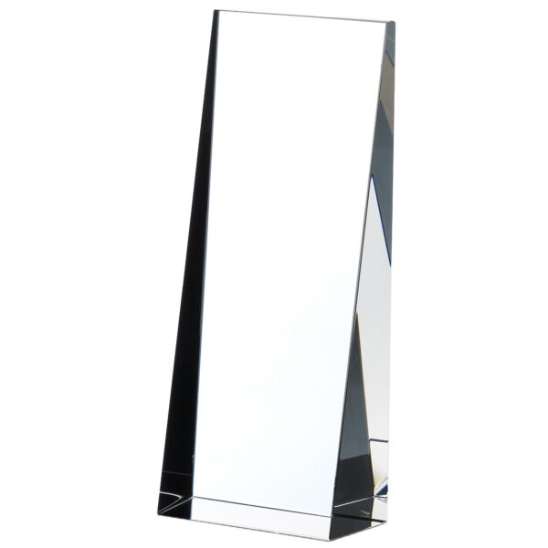 Crystal glass pillar award with tapered rectangular design and angled base, showing brilliant optical clarity on white background