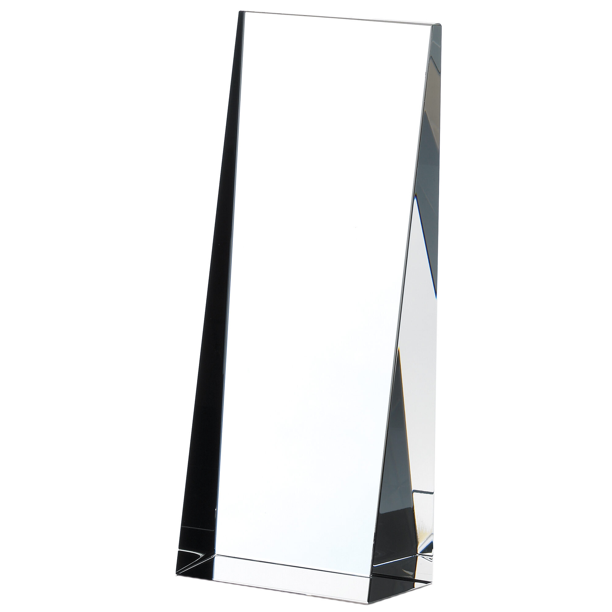 Crystal glass pillar award with tapered rectangular design and angled base, showing brilliant optical clarity on white background
