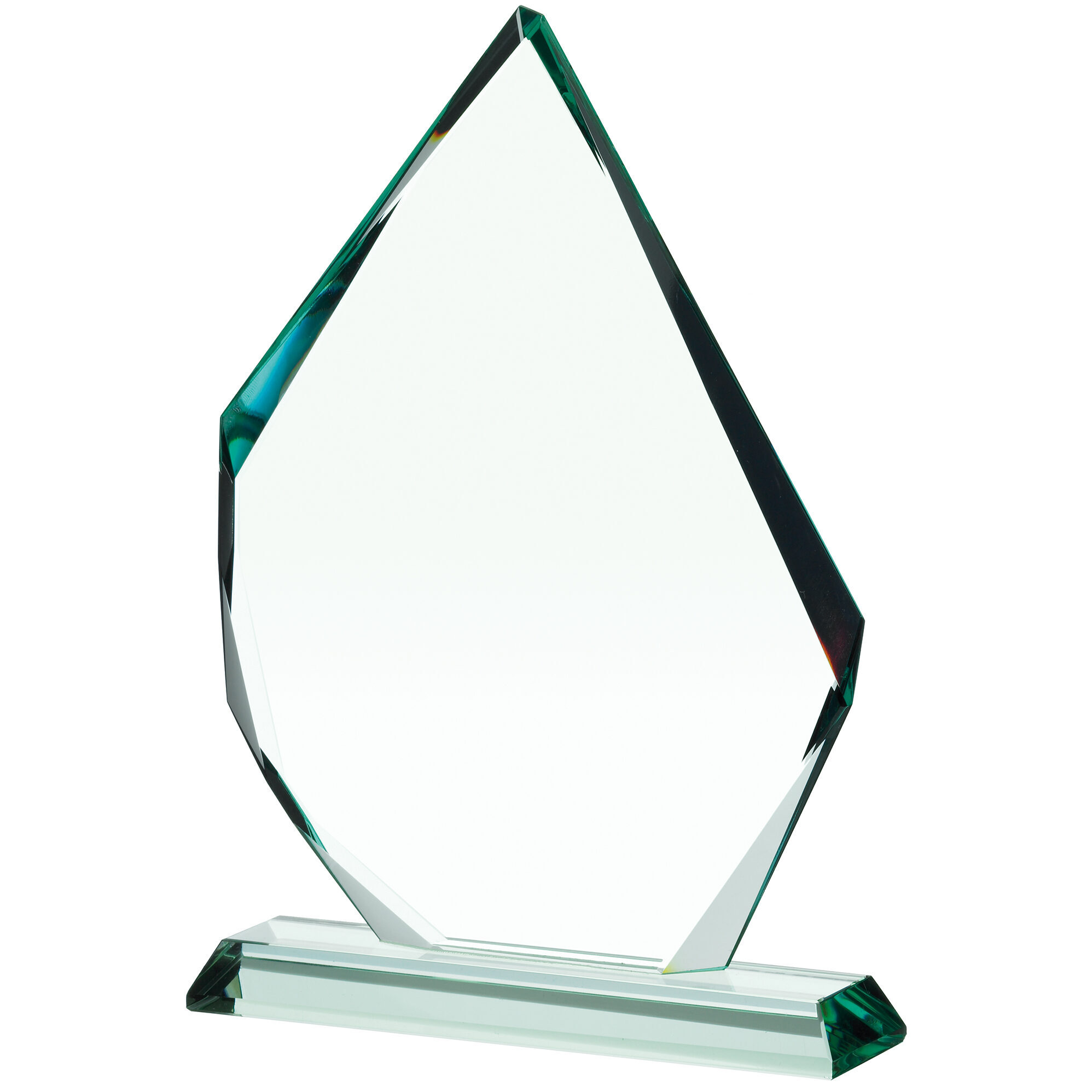 Jade glass flame award with pointed top design and rectangular base, featuring smooth jade glass finish on white background