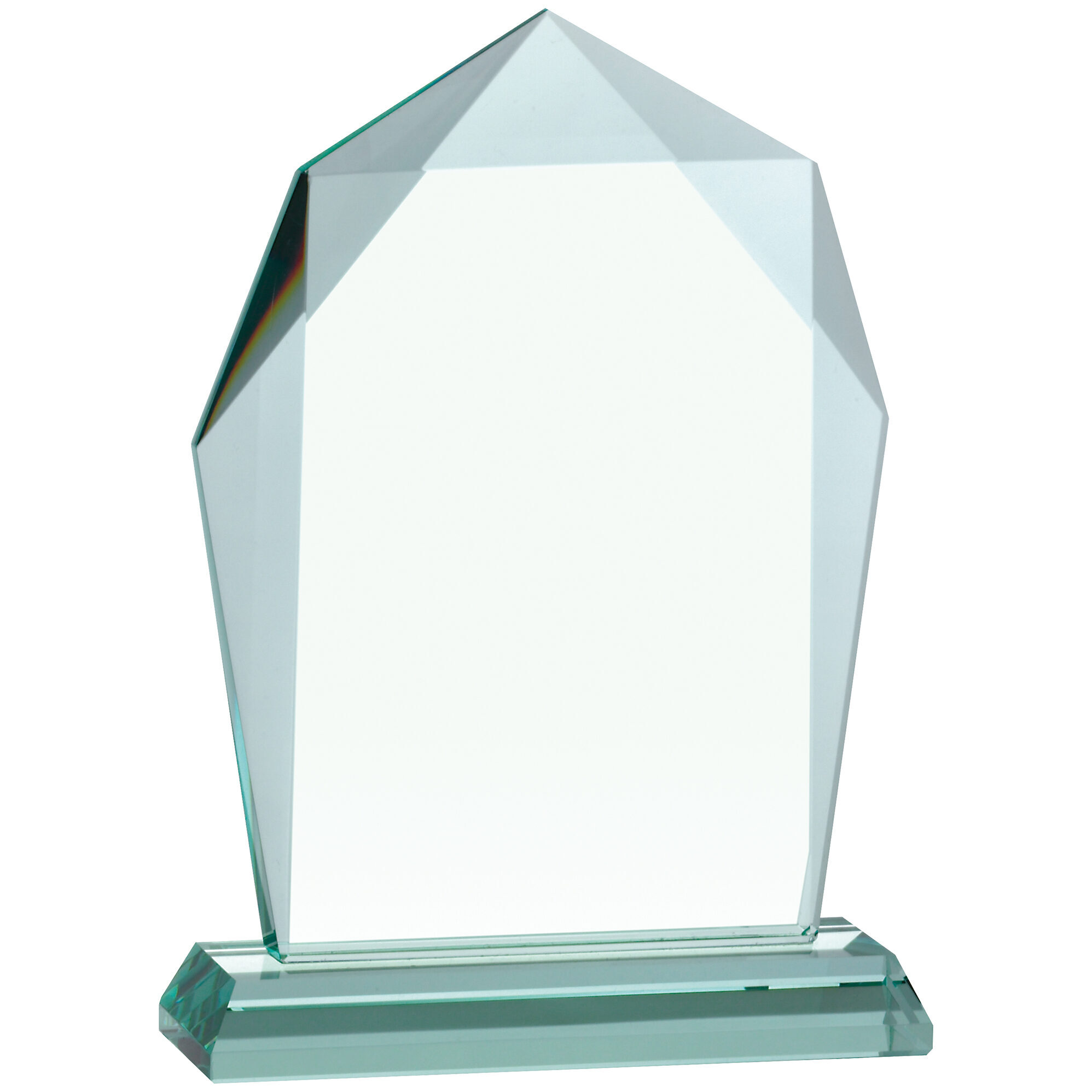 Jade glass pentagon-shaped award trophy with bevelled edges, solid jade glass base, and large smooth engraving surface, photographed against white background