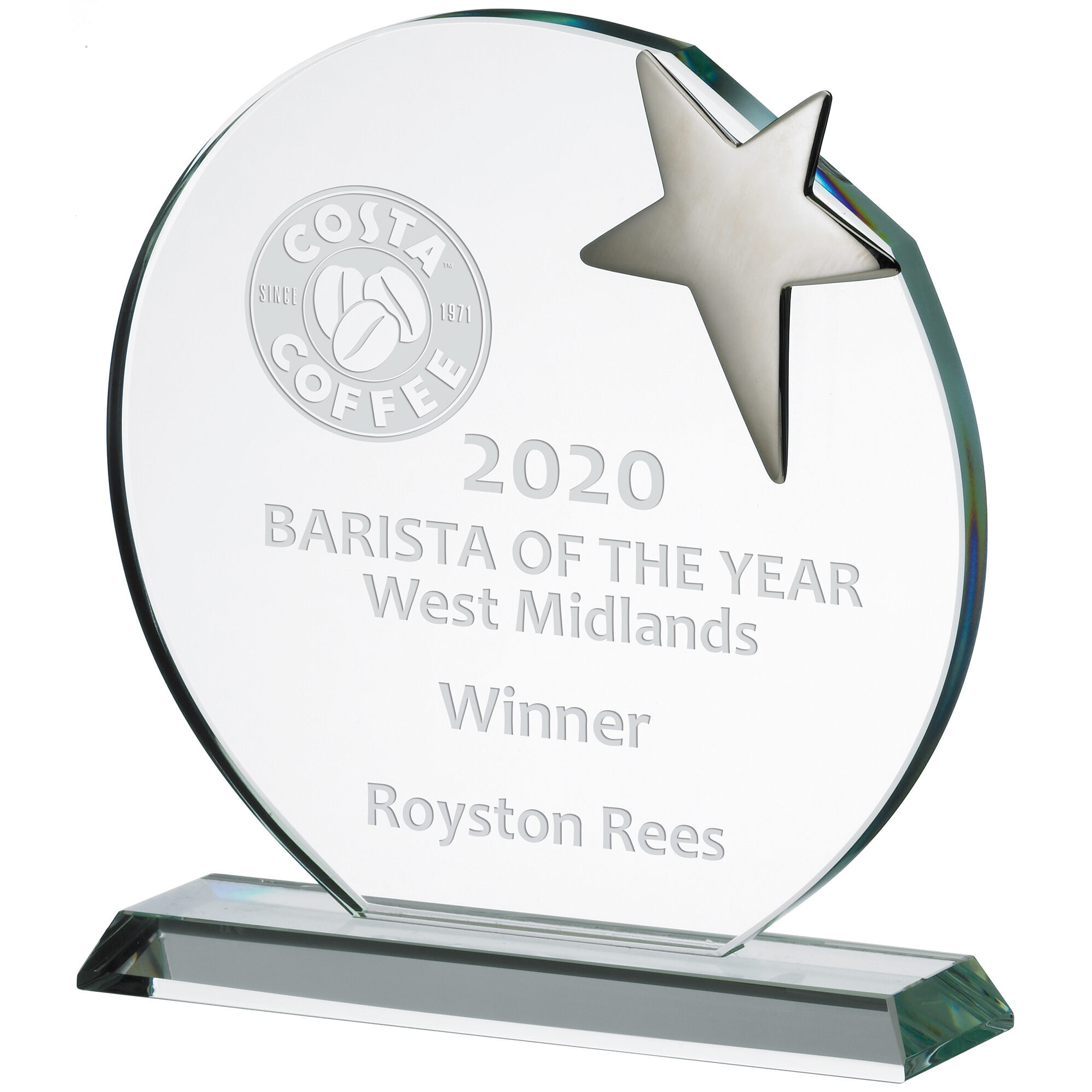 Round clear glass award with integrated silver metallic star cutout design, mounted on clear glass base with engraved text including Costa Coffee logo, Barista of the Year 2020 West Midlands Winner for Royston Rees